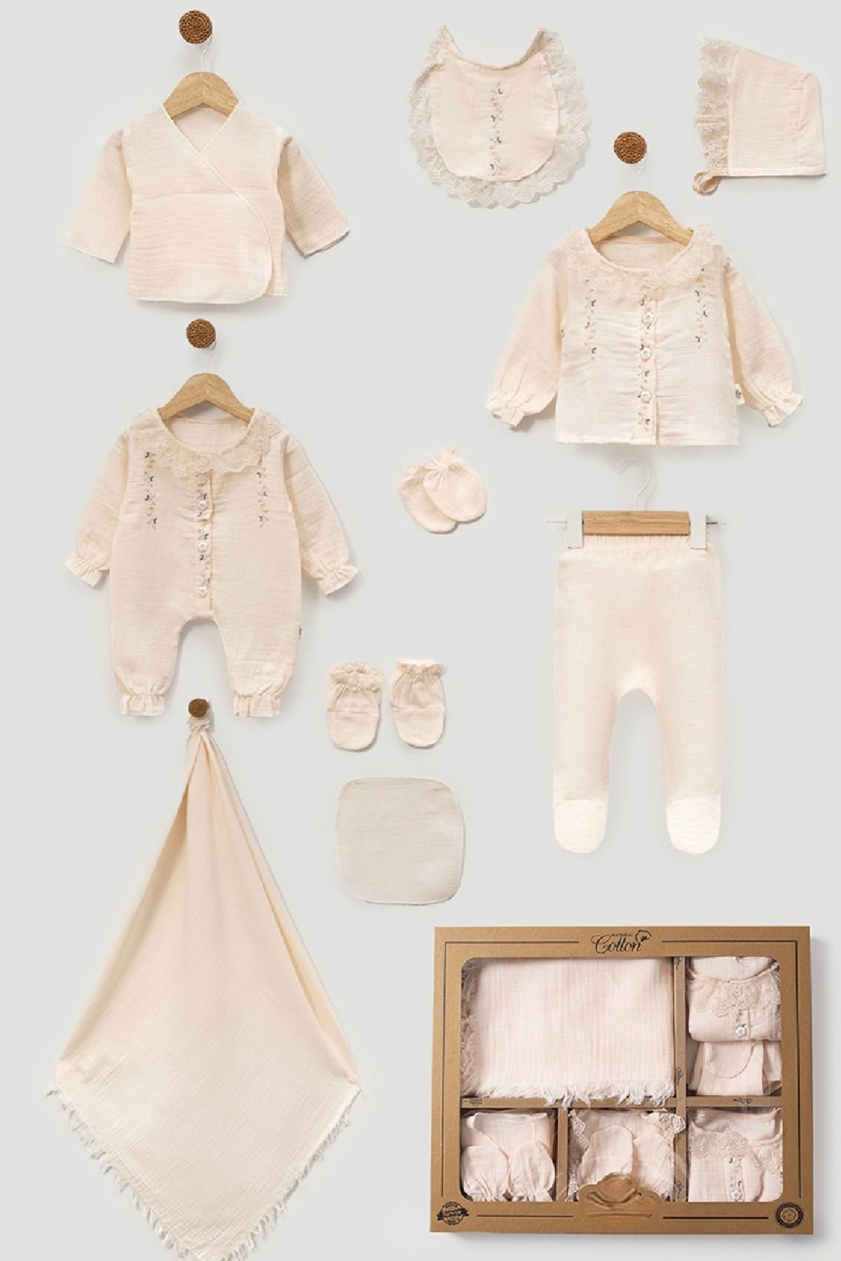 Cherub Baby Dantel Yaka Çiçek Nakışlı Müslin Kız Bebek Yenidoğan 10 Parça Hastane Çıkışı Zıbın Seti