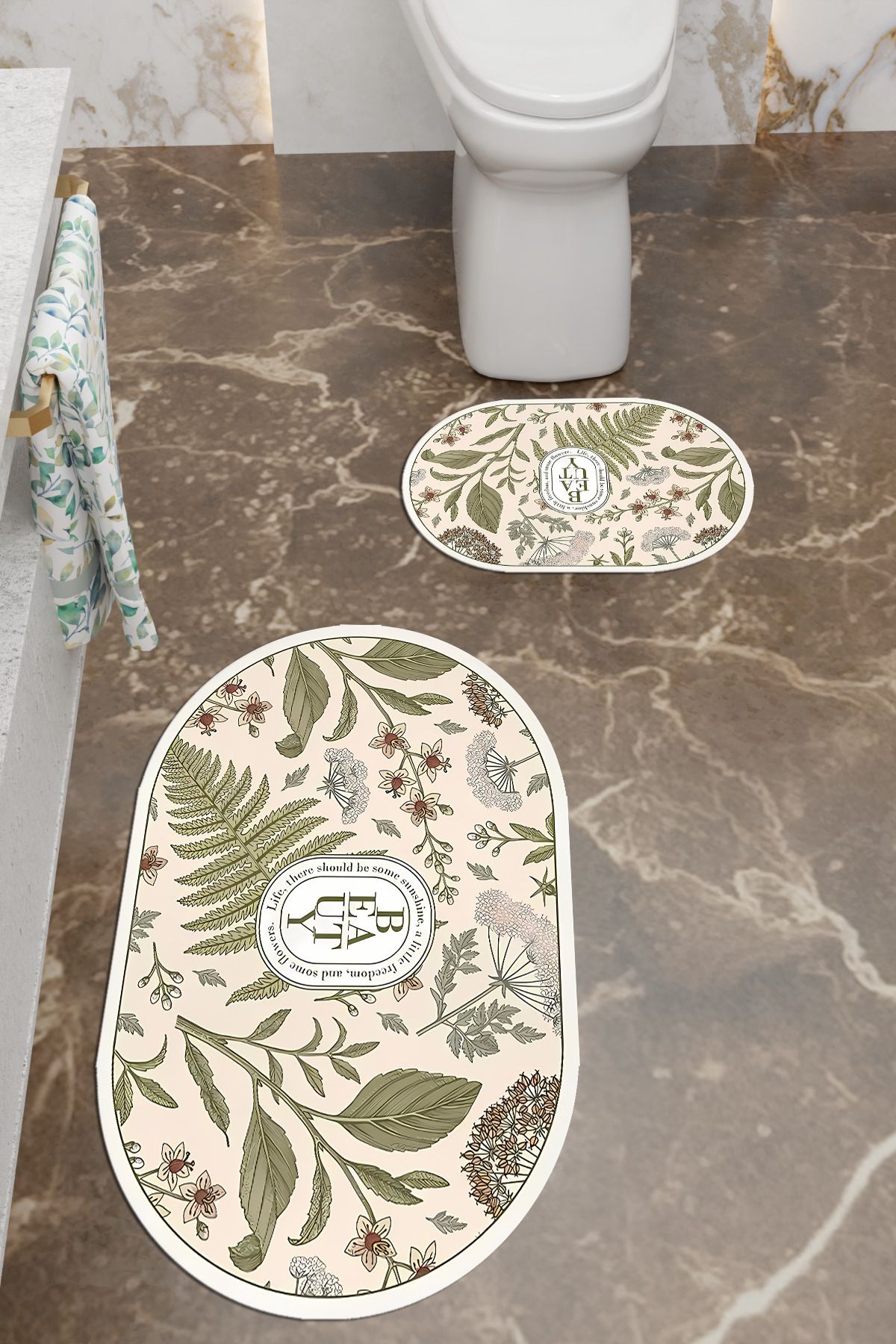 Charmbi Beauty Desenli Eko Banyo Paspası, Kaymaz Taban, Makinada Yıkanabilir, Dijital Baskı 2'li Set
