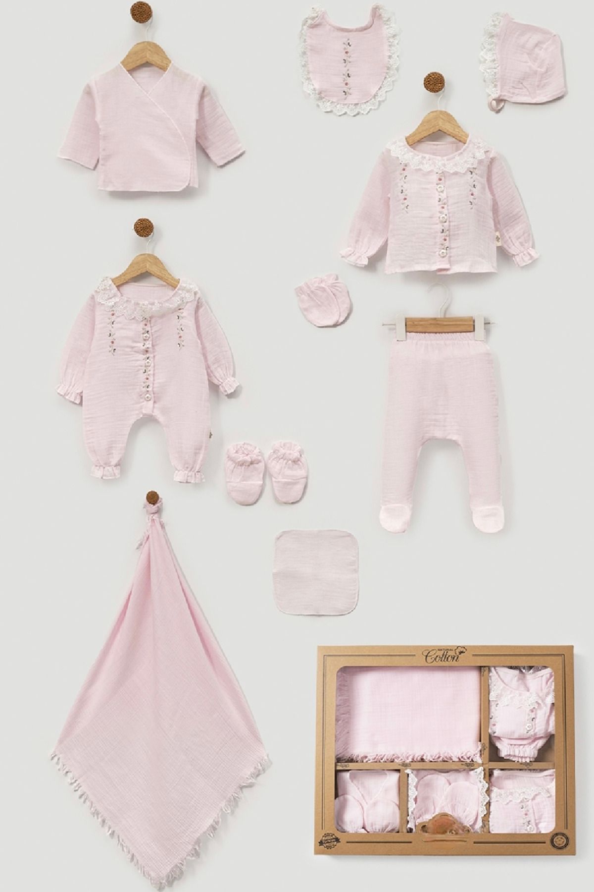 Cherub Baby Dantel Yaka Çiçek Nakışlı Müslin Kız Bebek Yenidoğan 10 Parça Hastane Çıkışı Zıbın Seti