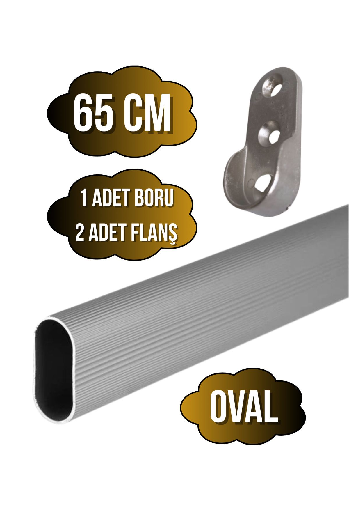 DSYapıAksesuar Alüminyum OVAL Dolap Mobilya Askı Borusu(65CM)(2 ADET FLANŞ-1 ADET BORU)(ALÜMİNYUM)