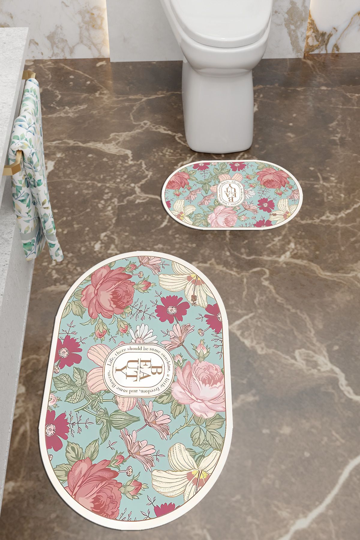 Charmbi Beauty Desenli Eko Banyo Paspası, Kaymaz Taban, Makinada Yıkanabilir, Dijital Baskı 2'li Set