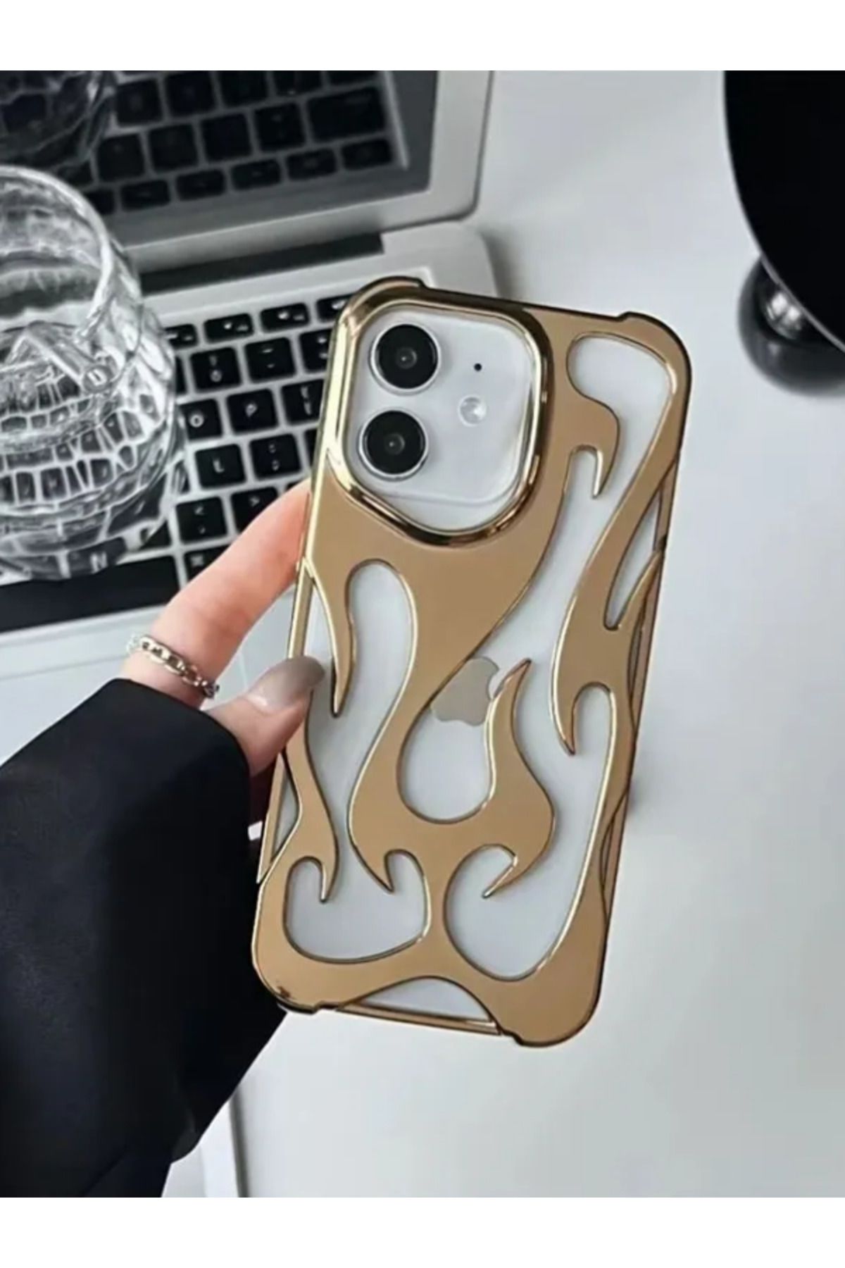 Teknodur Apple iPhone 13 Uyumlu Kılıf Ateş Desenli Silikon Kılıf Rose Gold