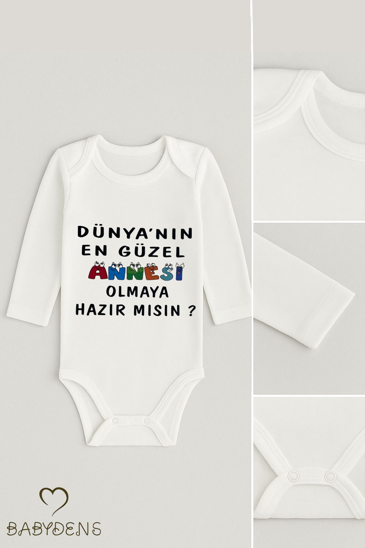 BABYDEN'S Dünyanın En Güzel Annesi Olmaya Hazır Mısın Yazılı Uzun Kollu Bebek Body Zıbın %100 Pamuklu Çıtçıtlı