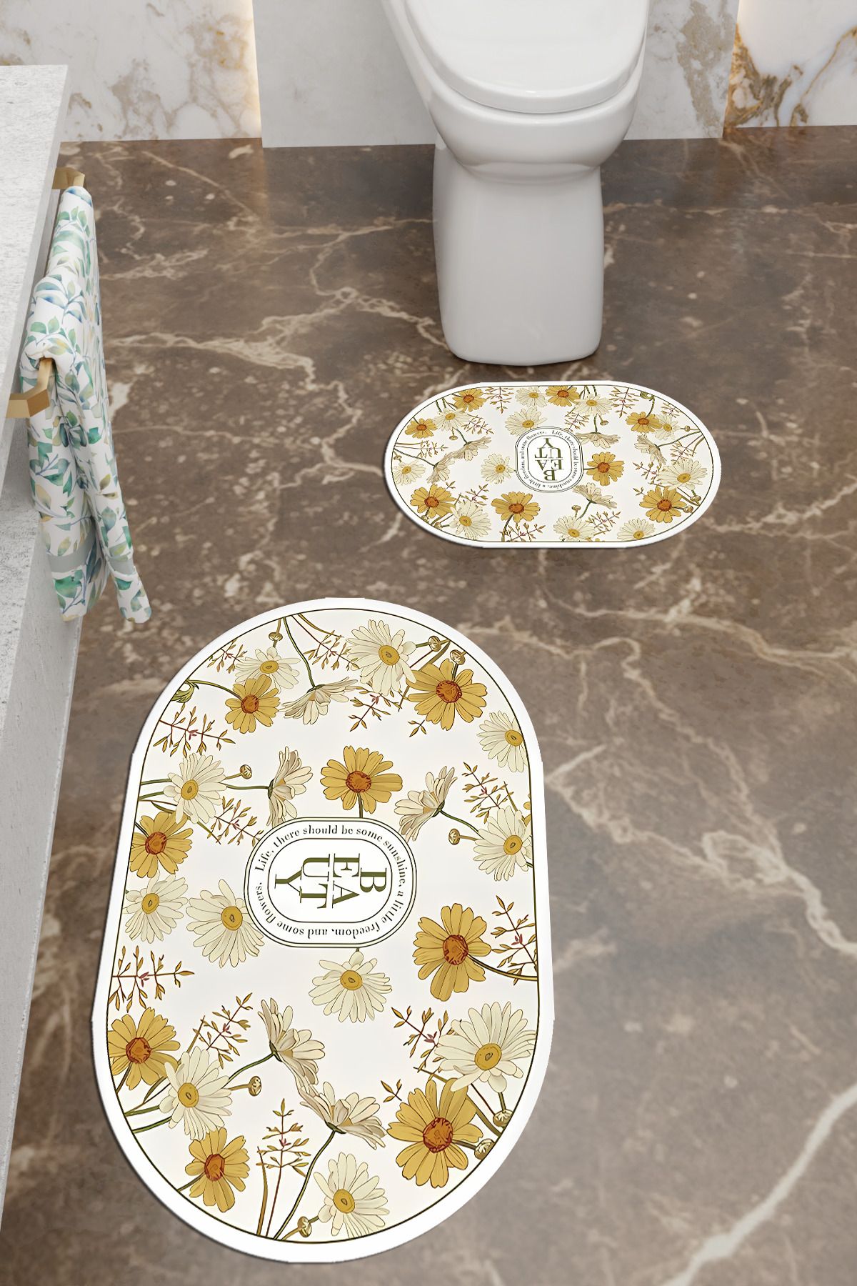 Charmbi Beauty Desenli Eko Banyo Paspası, Kaymaz Taban, Makinada Yıkanabilir, Dijital Baskı 2'li Set