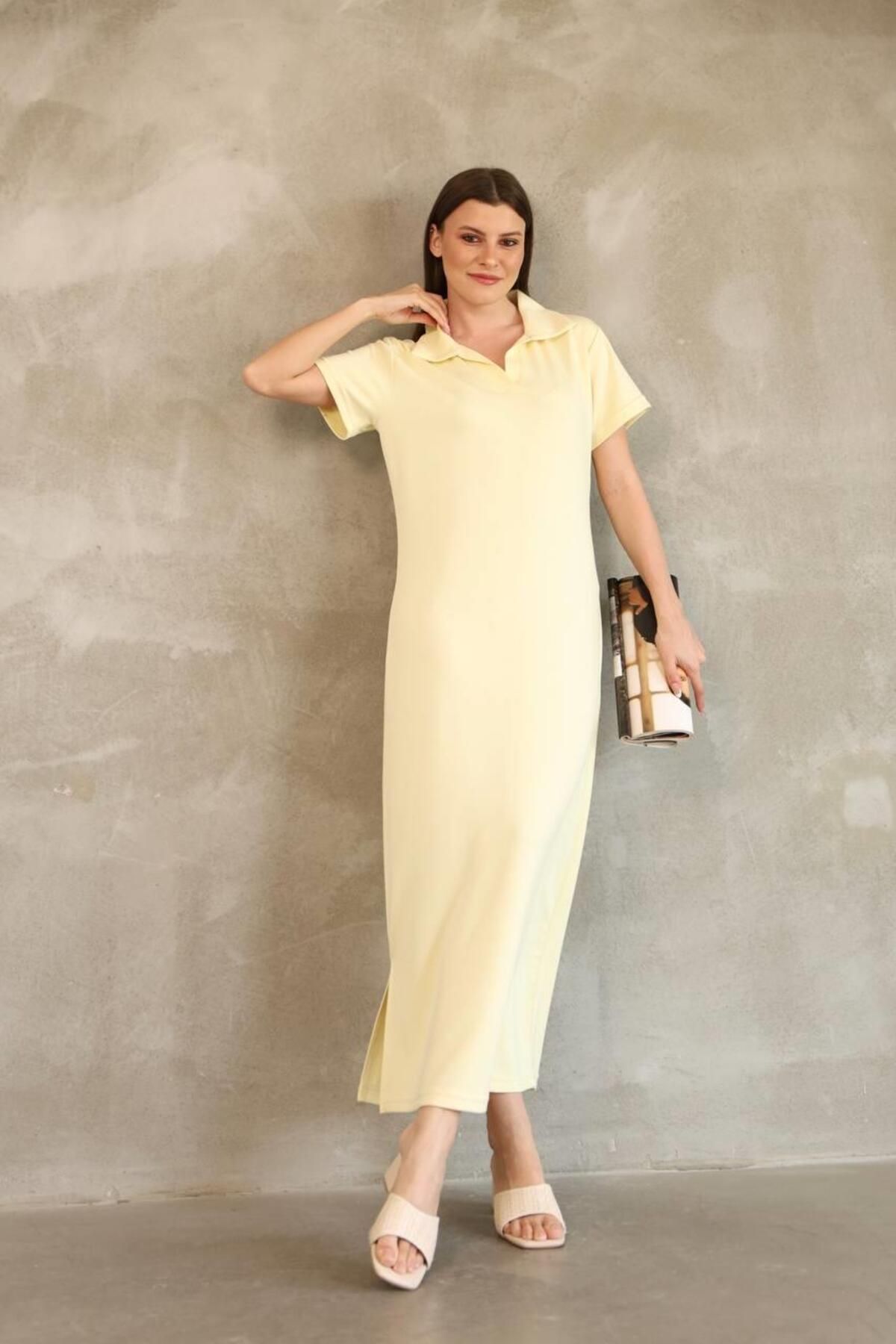 BELISTIL Sarı Butter Yellow Polo Yaka Modal Kumaş Yırtmaçlı Uzun Elbise