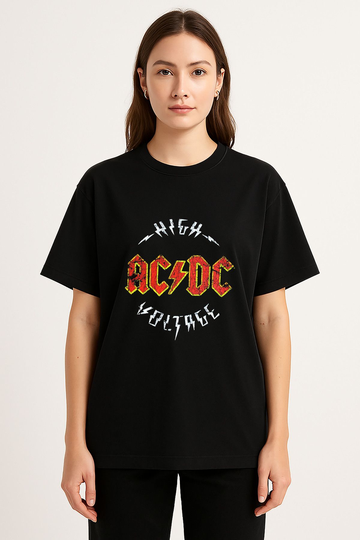sielta Ac Dc Müzik Grubu Baskılı Bisiklet Yaka Oversize Siyah Tişört T-shirt