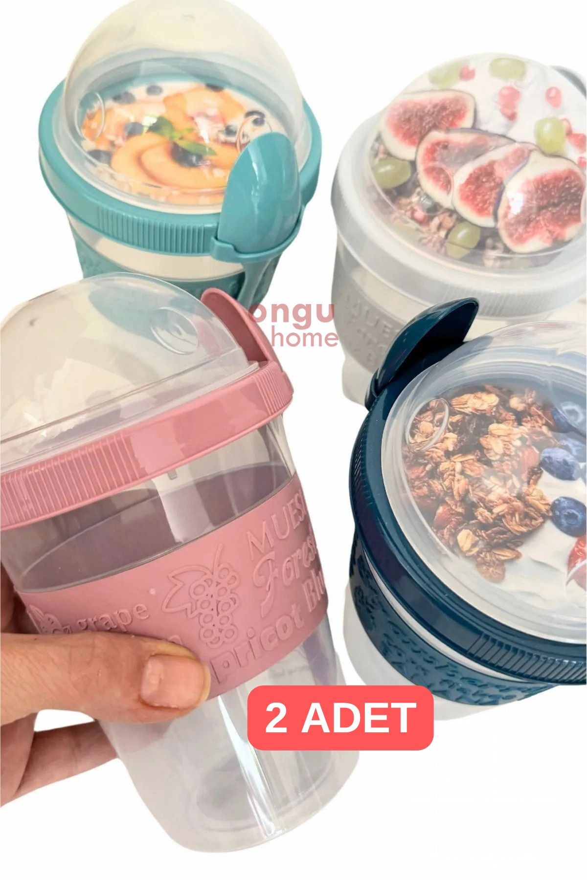 ongu home 2 Adet Yoğurt Yulaf Müsli Diyet Saklama Kabı Pratik Taşınabilir Kaşıklı Ve Kapaklı Depolu Bardak
