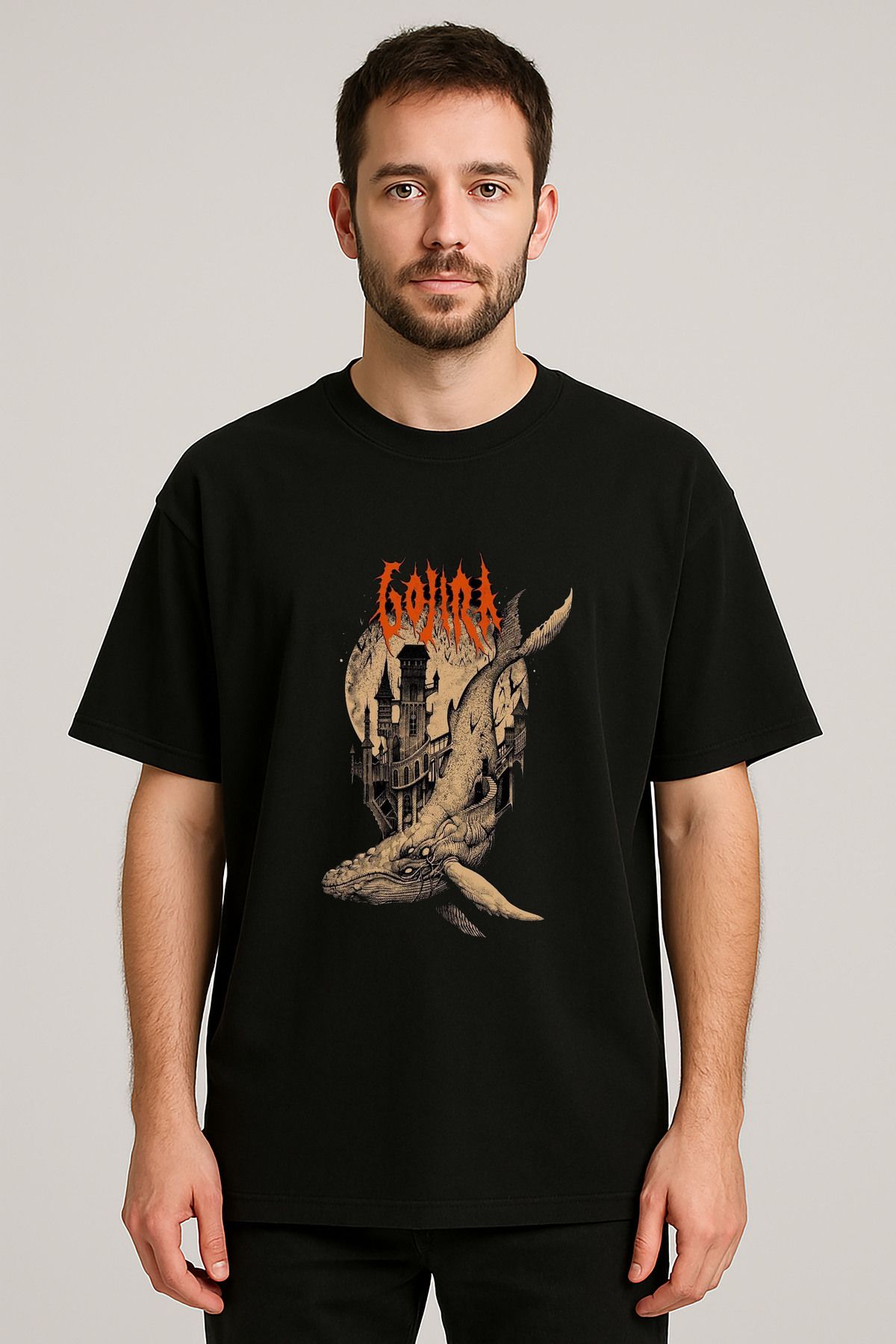 sielta Gojira Müzik Grubu Baskılı Bisiklet Yaka Oversize Siyah Tişört Thsirt