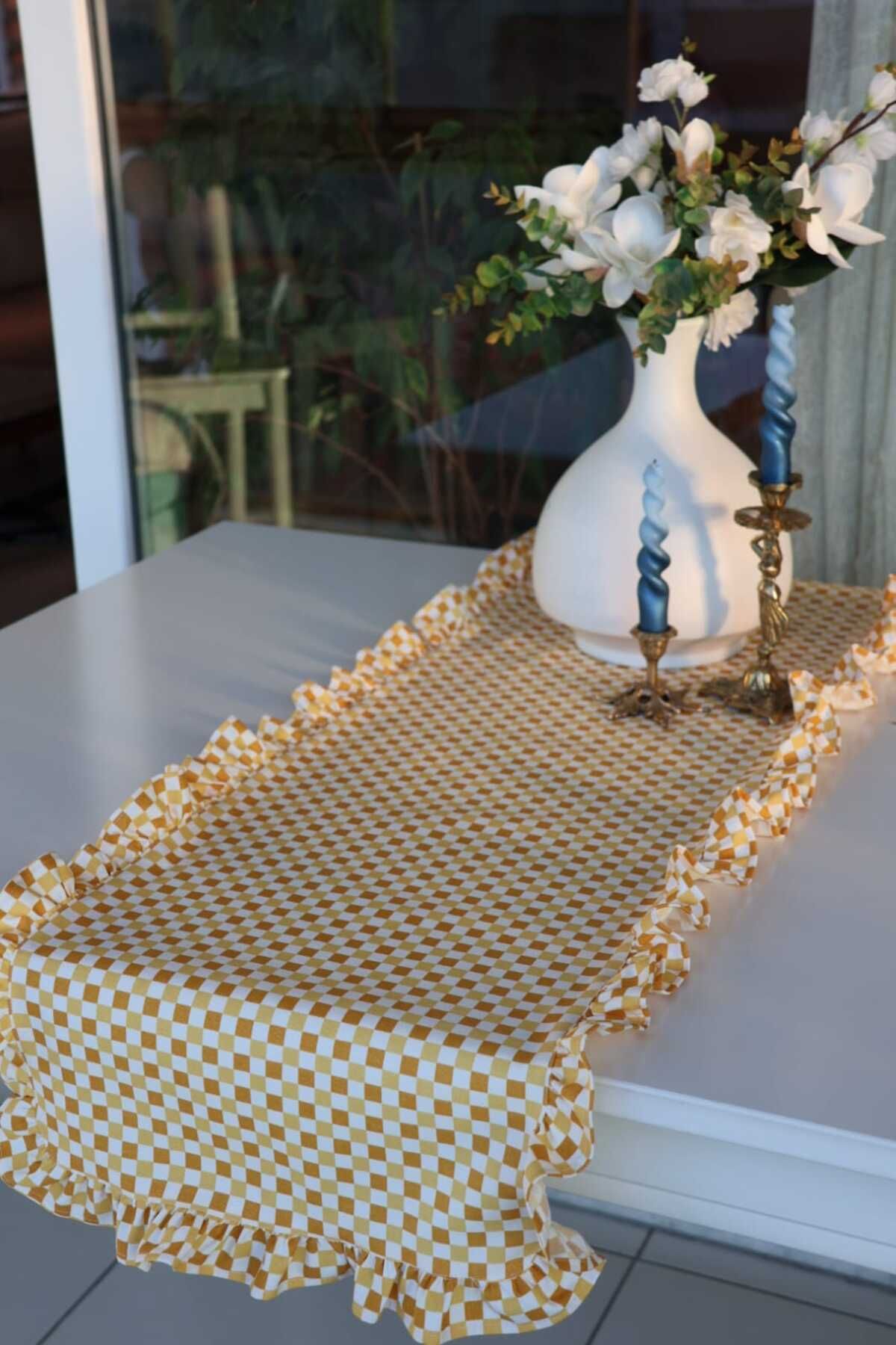 vintagetasarım runner fırfırlı dama desenli sarı duck keten 40x130cm
