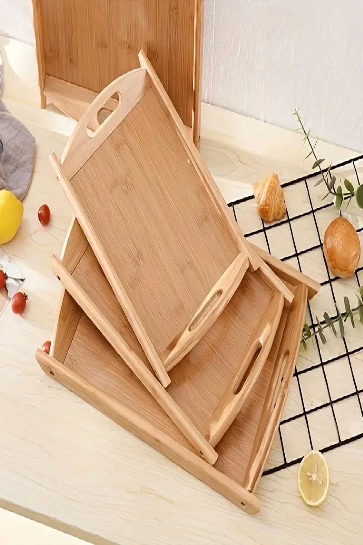 Berdina Home 3lü Saplı Bambu Tepsi Seti Çay Tepsisi, Sunum Tepsisi, Kahve Sunum Tepsisi Oval Köşe Yemek Tepsi