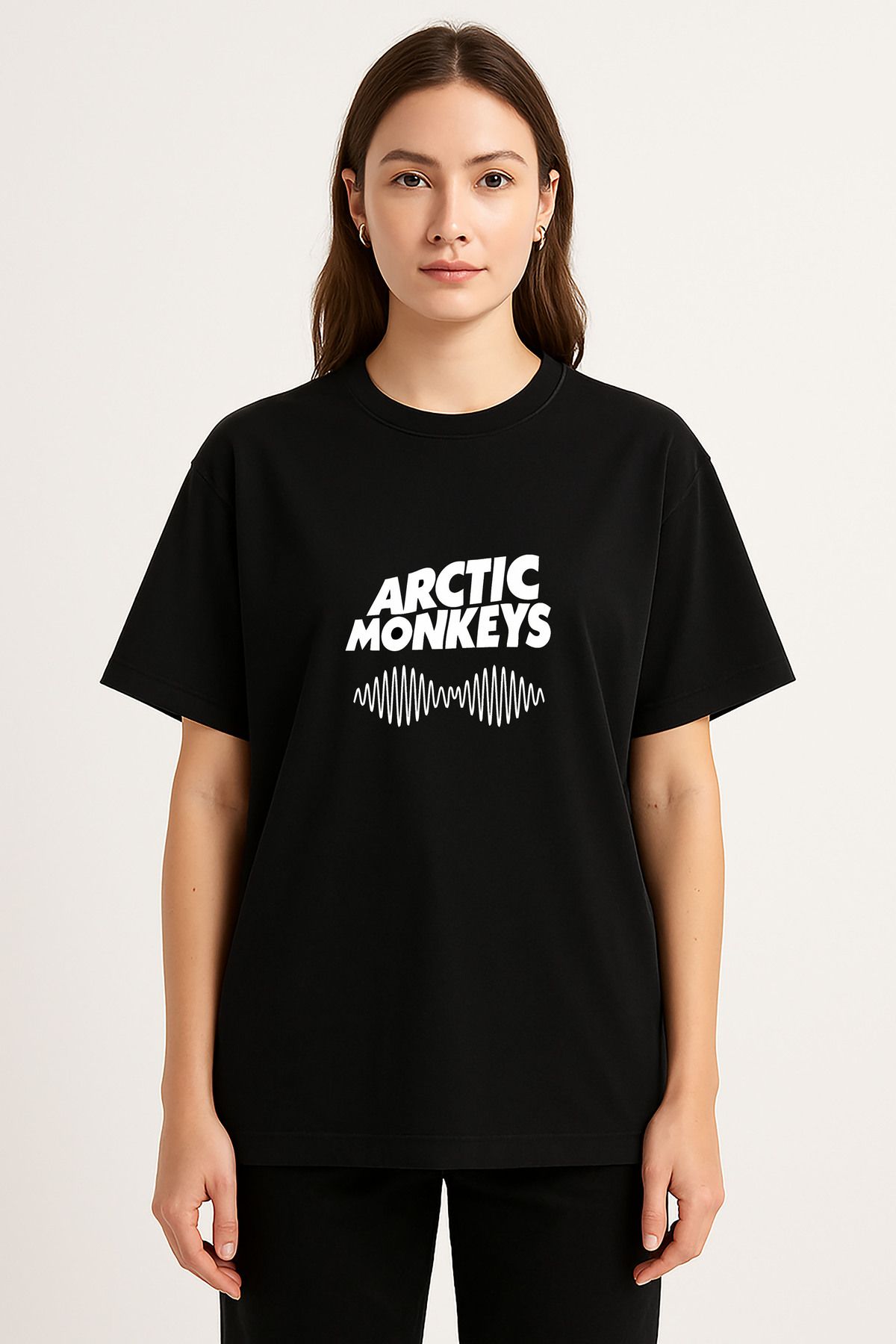 sielta Arctic Monkeys Müzik Grubu Baskılı Bisiklet Yaka Oversize Siyah Tişört T-hsirt