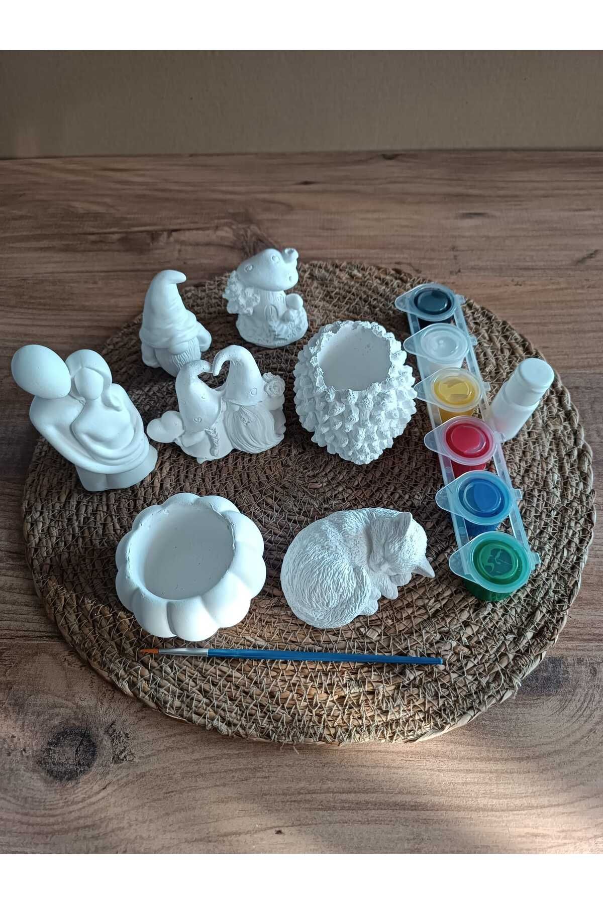 OgiPaint 7'li Minimal Taş Boyama Seti. Sevgili Çift-Kabak ve Kozalak Saksı-Kedi-Mantar Ev-Cüce-Cüce Çift