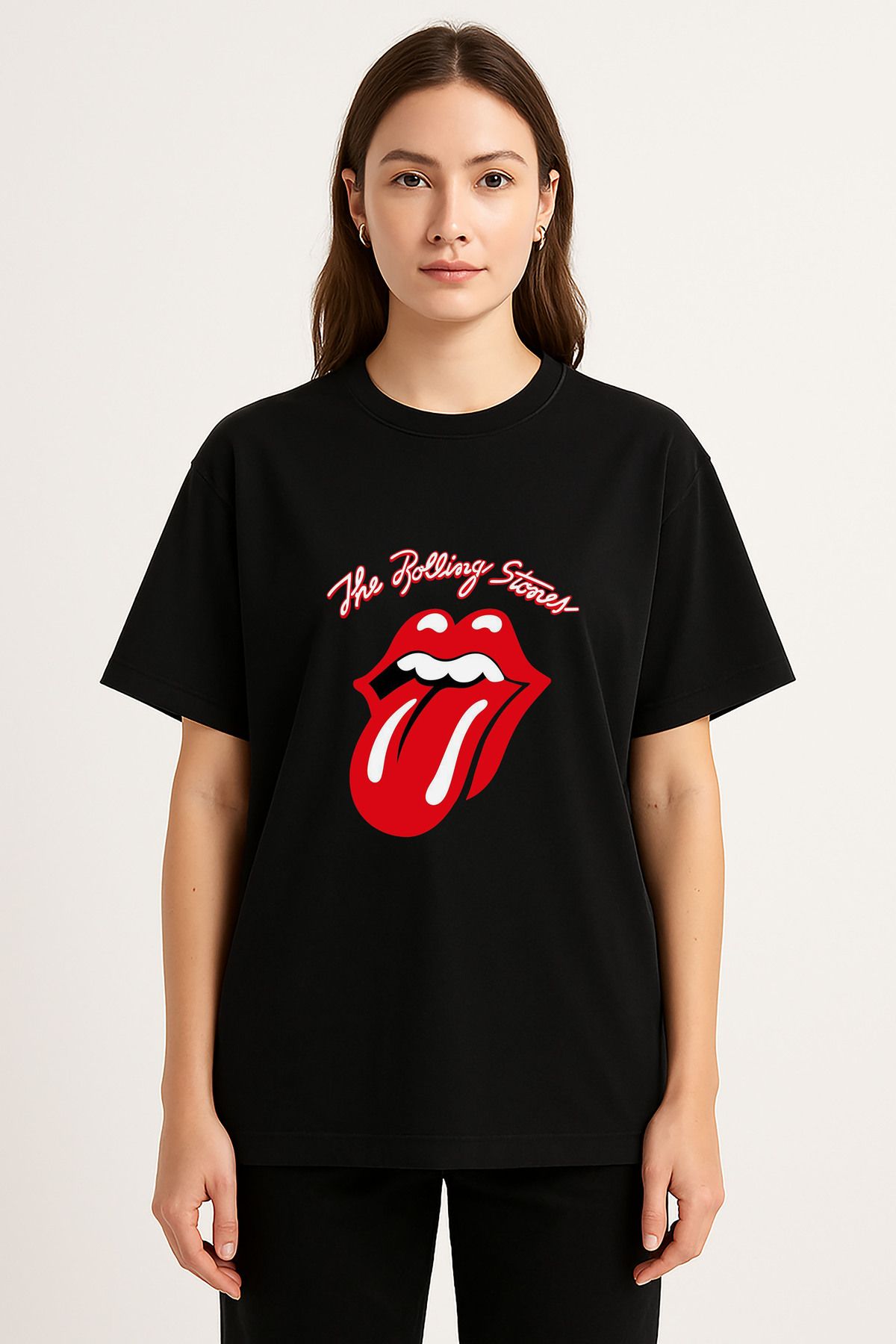sielta Rolling Stones Müzik Grubu Baskılı Bisiklet Yaka Oversize Siyah Tişört T-shirt