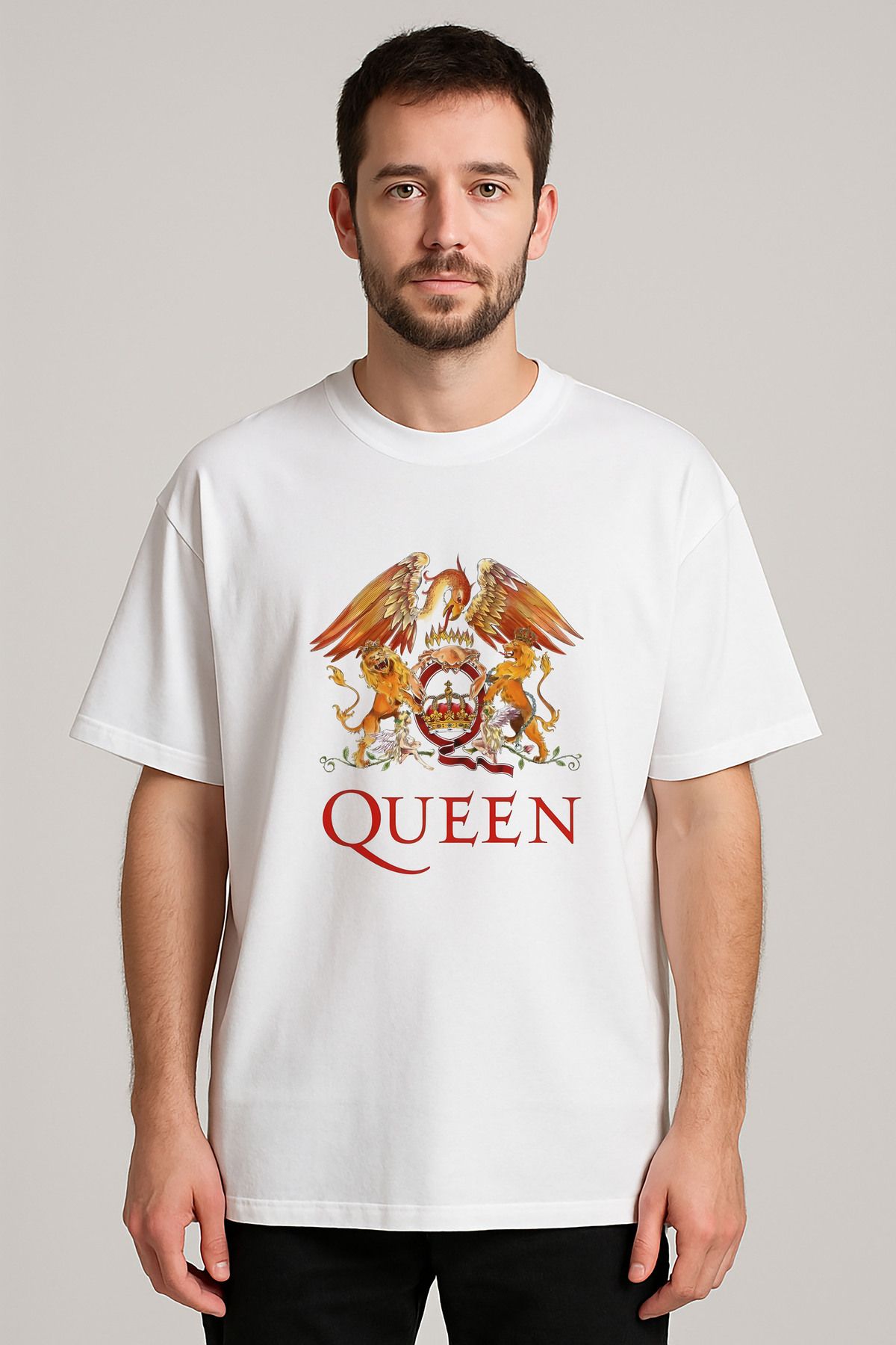 sielta Qeen Metal Müzik Grubu Baskılı Bisiklet Yaka Oversize Beyaz Tişört T-shirt