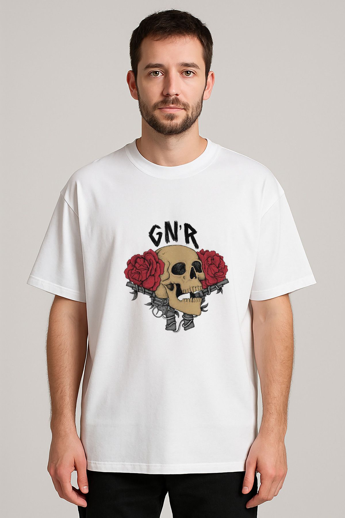 sielta Guns N' Roses Müzik Grubu Baskılı Bisiklet Yaka Oversize Beyaz Tişört T-shirt