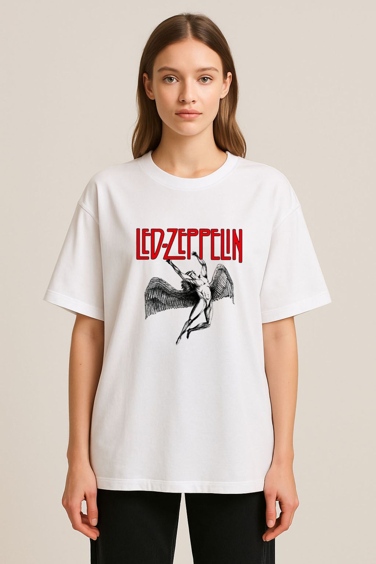 sielta Led Zeppelin Müzik Grubu Baskılı Bisiklet Yaka Oversize Beyaz Tişört T-shirt