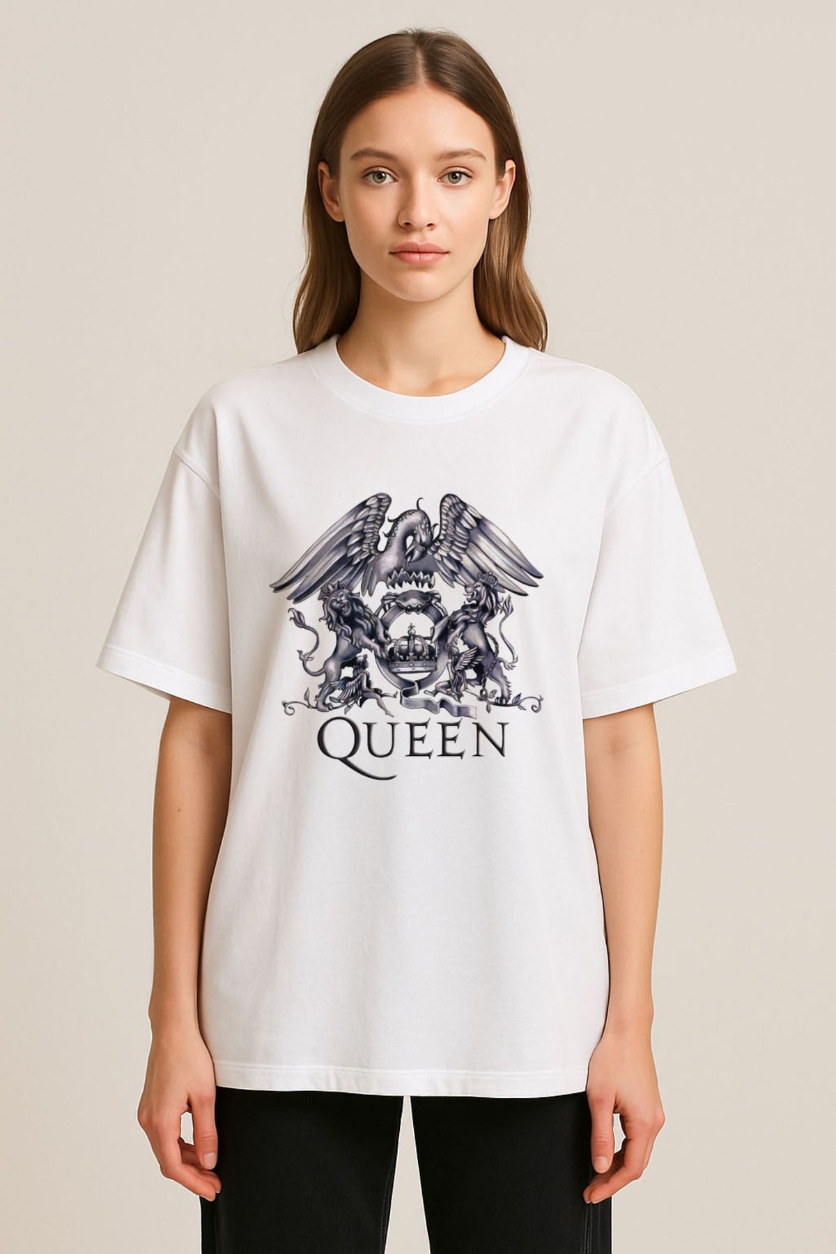 sielta Qeen Metal Müzik Grubu Baskılı Bisiklet Yaka Oversize Beyaz Tişört T-shirt