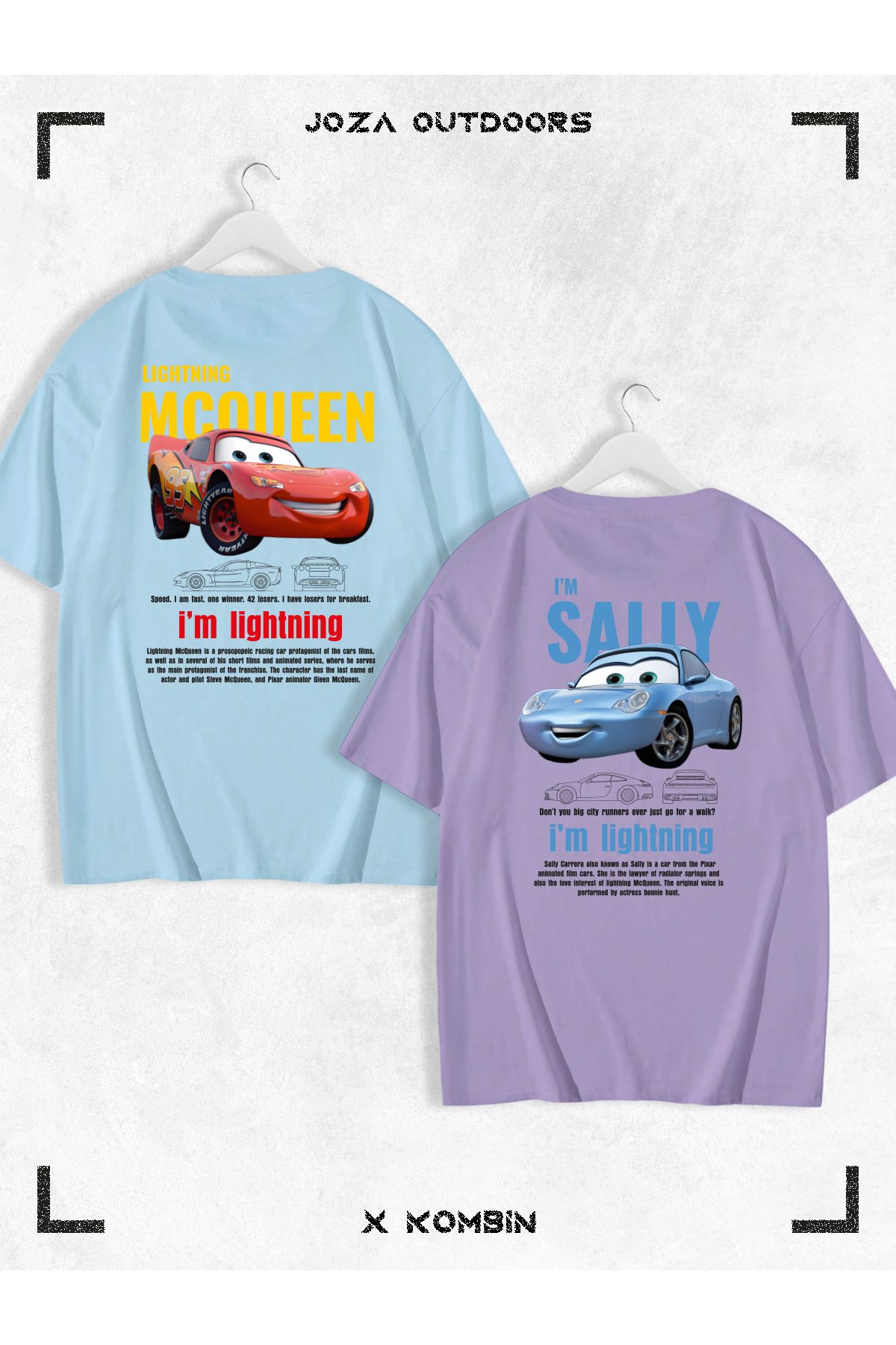 Jobia Outdoors Kadın Erkek Unisex Sally & Mcqueen Cars SIRT Sevgili Çift Kombini Oversize Renkli Tshirt 2'li Takım