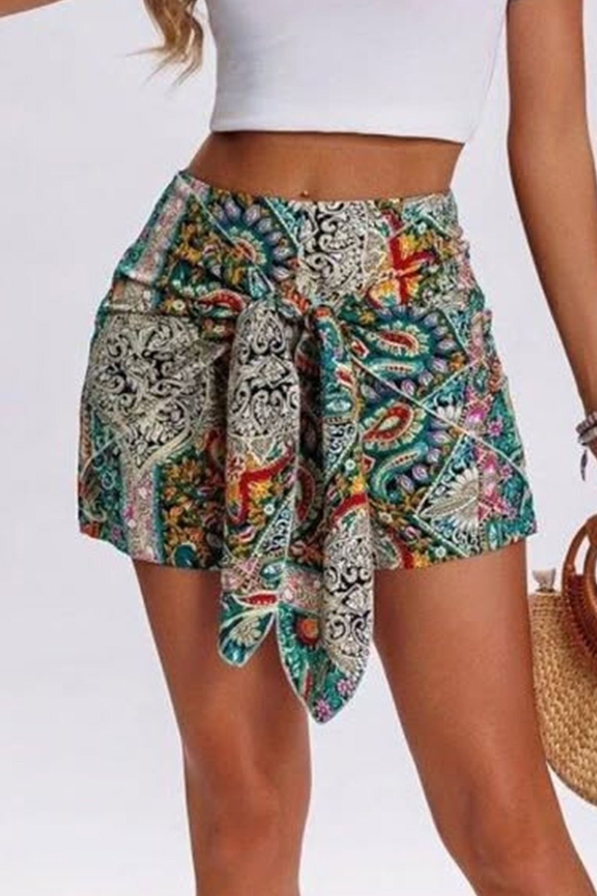 ESSFASIHON-Front Tie Patterned Diver Short Skirt 2