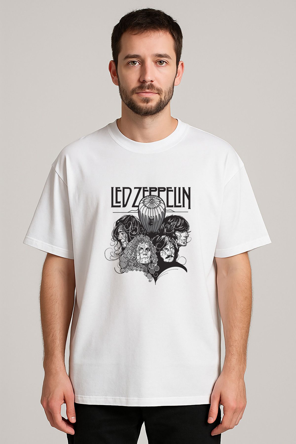 sielta Led Zeppelin Müzik Grubu Baskılı Bisiklet Yaka Oversize Beyaz Tişört T-shirt