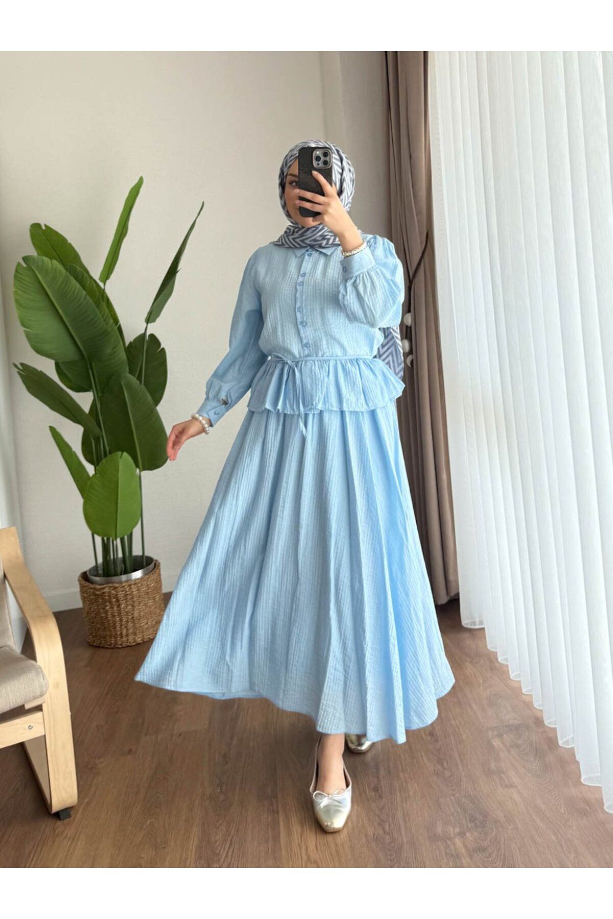 Miraydın Butik Kadın Fırfır Gömlekli Etekli Takım M2512 - Bebe Mavisi