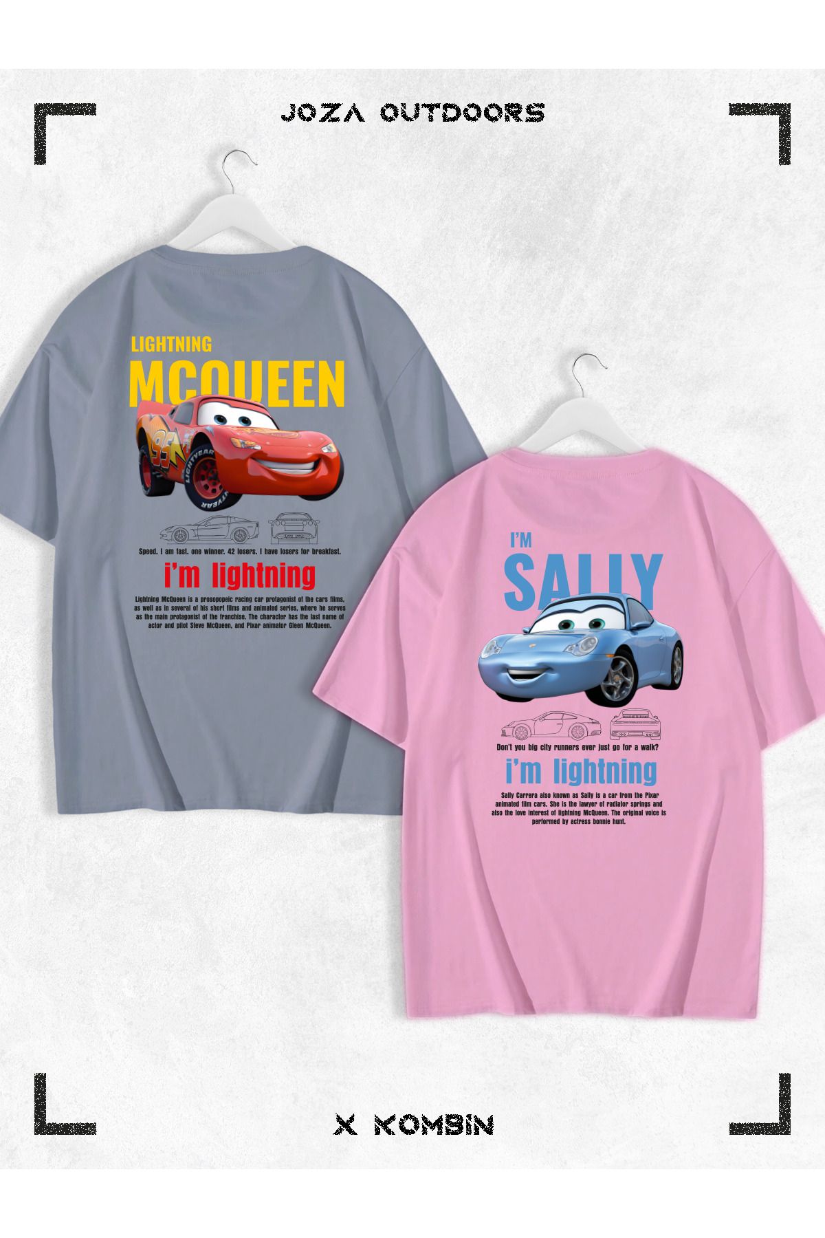 Jobia Outdoors Kadın Erkek Unisex Sally & Mcqueen Cars SIRT Sevgili Çift Kombini Oversize Renkli Tshirt 2'li Takım