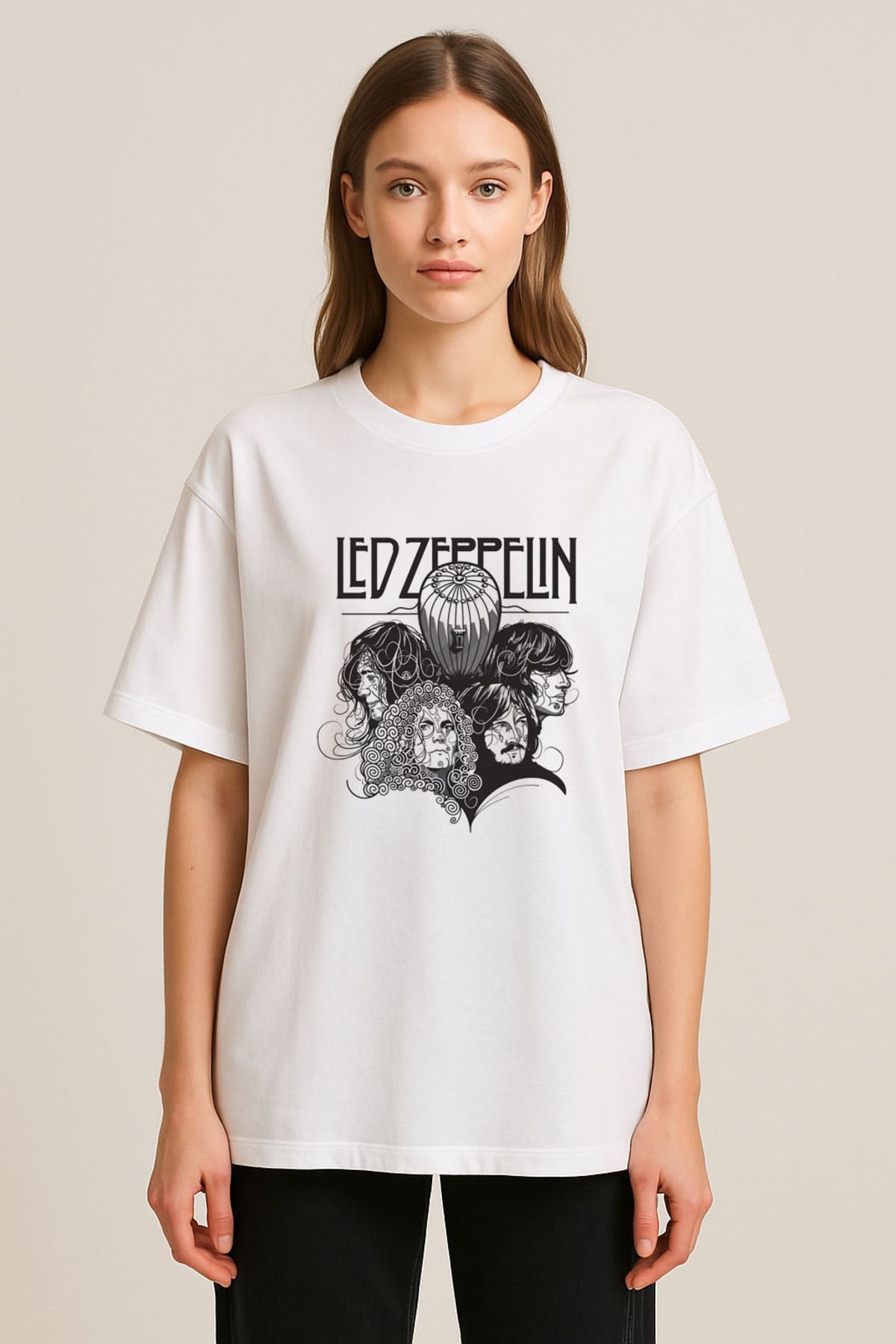 sielta Led Zeppelin Müzik Grubu Baskılı Bisiklet Yaka Oversize Beyaz Tişört T-shirt
