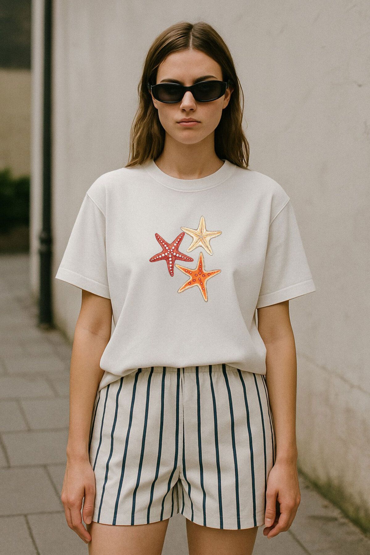 onsrawear Summer Deniz Yıldızları Tasarım Baskılı Oversize %100 Pamuk Beyaz T-shirt