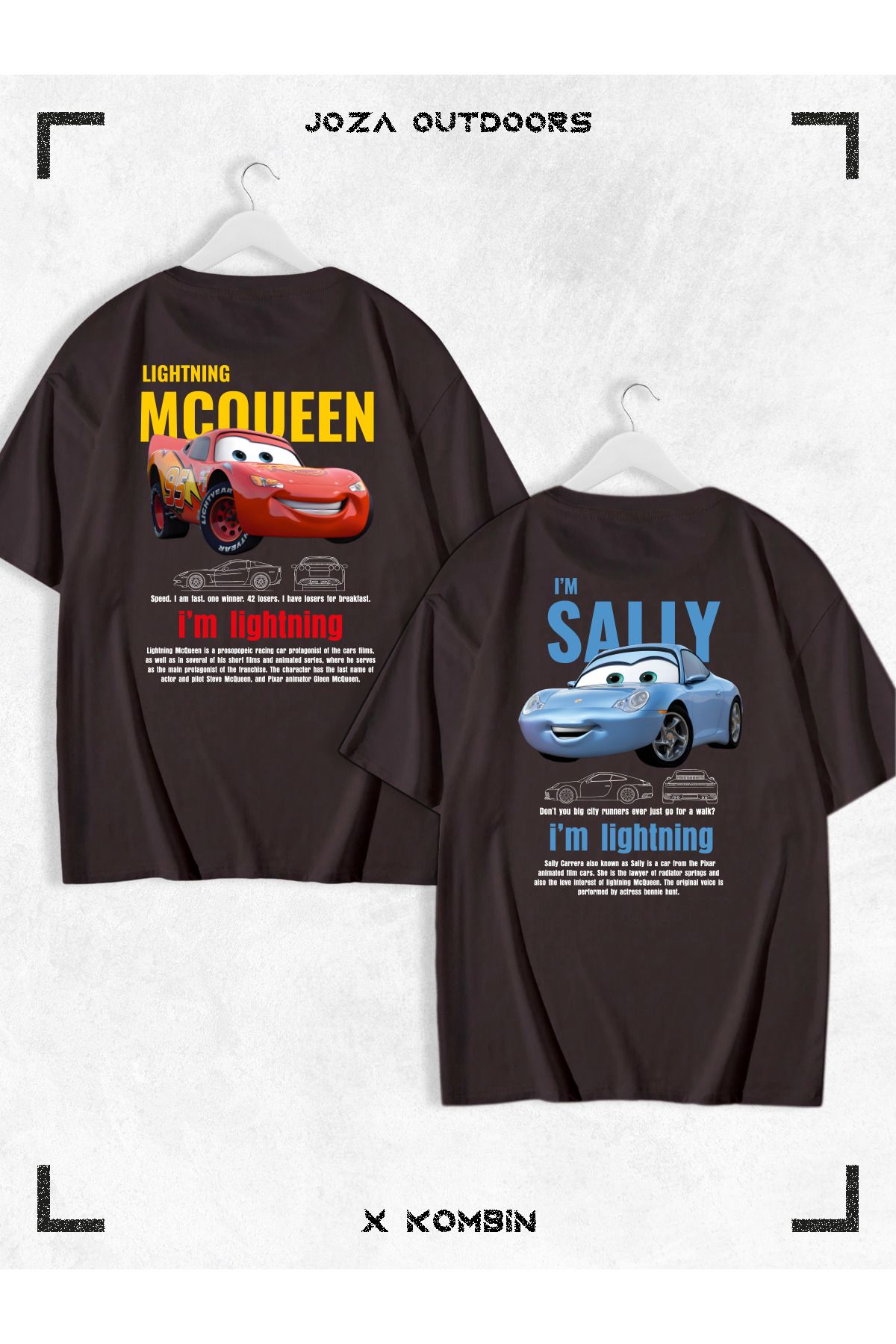 Jobia Outdoors Kadın Erkek Unisex Sally & Mcqueen Cars SIRT Sevgili Çift Kombini Oversize Renkli Tshirt 2'li Takım
