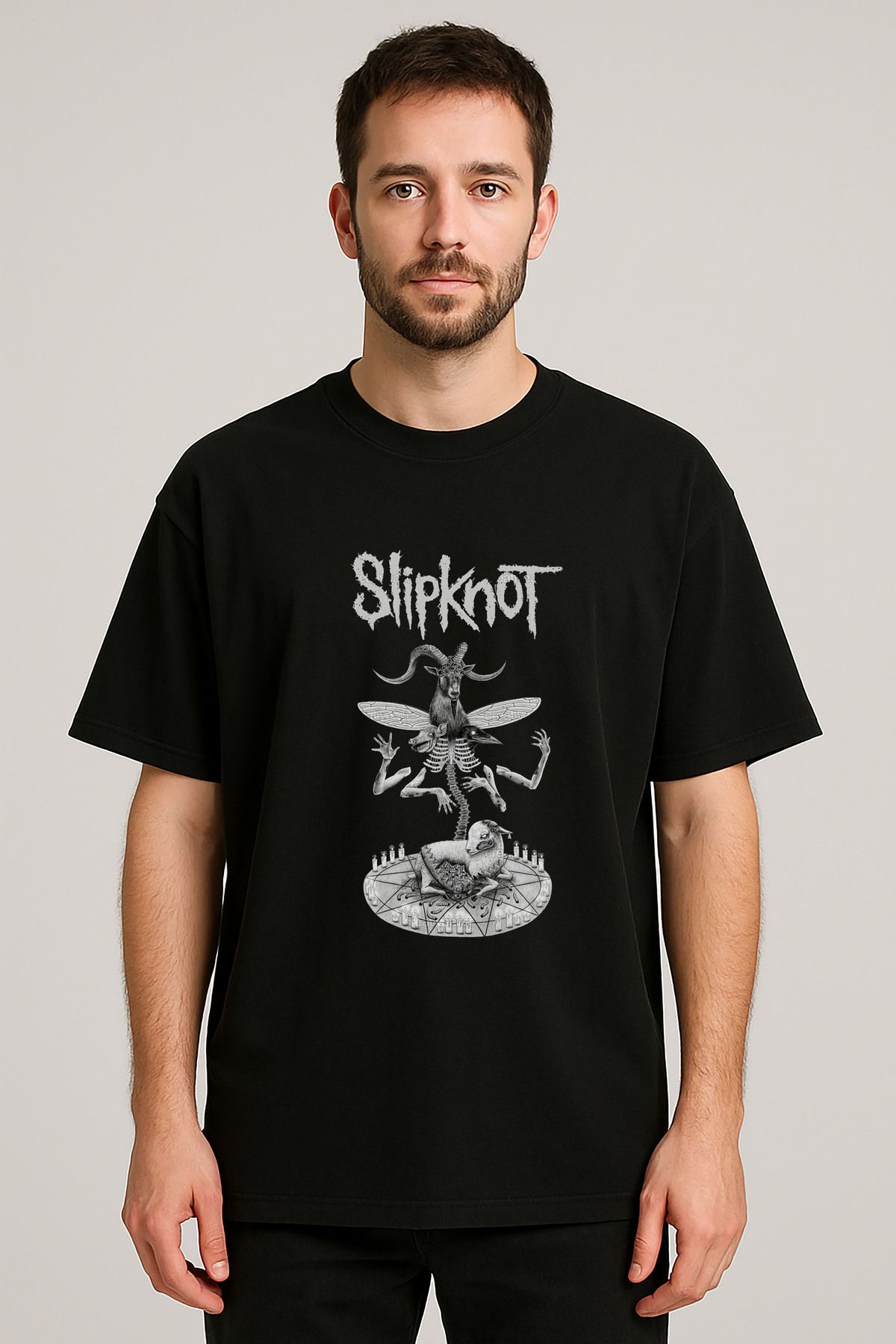 sielta Slipknot Müzik Grubu Baskılı Bisiklet Yaka Oversize Siyah Tişört T-shirt