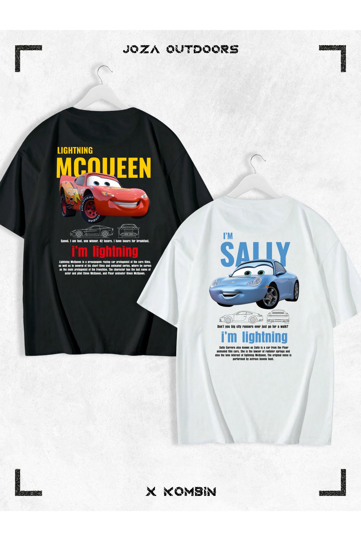 Jobia Outdoors Kadın Erkek Unisex Sally & Mcqueen Cars SIRT Sevgili Çift Kombini Oversize Renkli Tshirt 2'li Takım