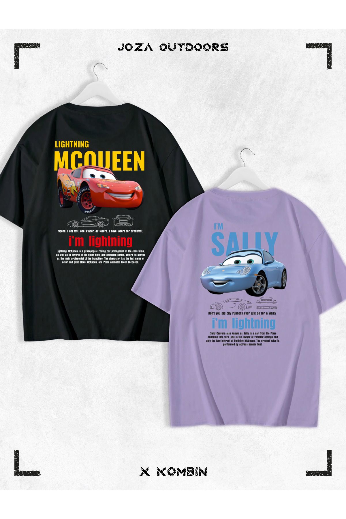 Jobia Outdoors Kadın Erkek Unisex Sally & Mcqueen Cars SIRT Sevgili Çift Kombini Oversize Renkli Tshirt 2'li Takım