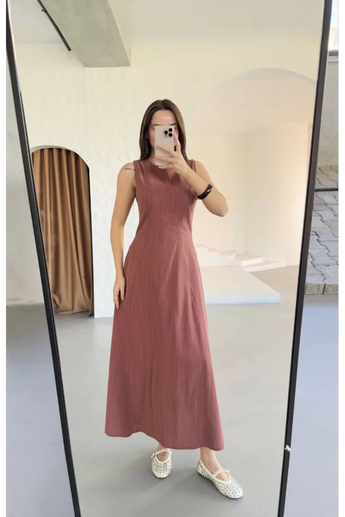 ruum fashions Keten Kolsuz Uzun Sırtı Kapalı Bisiklet Yaka Elbise