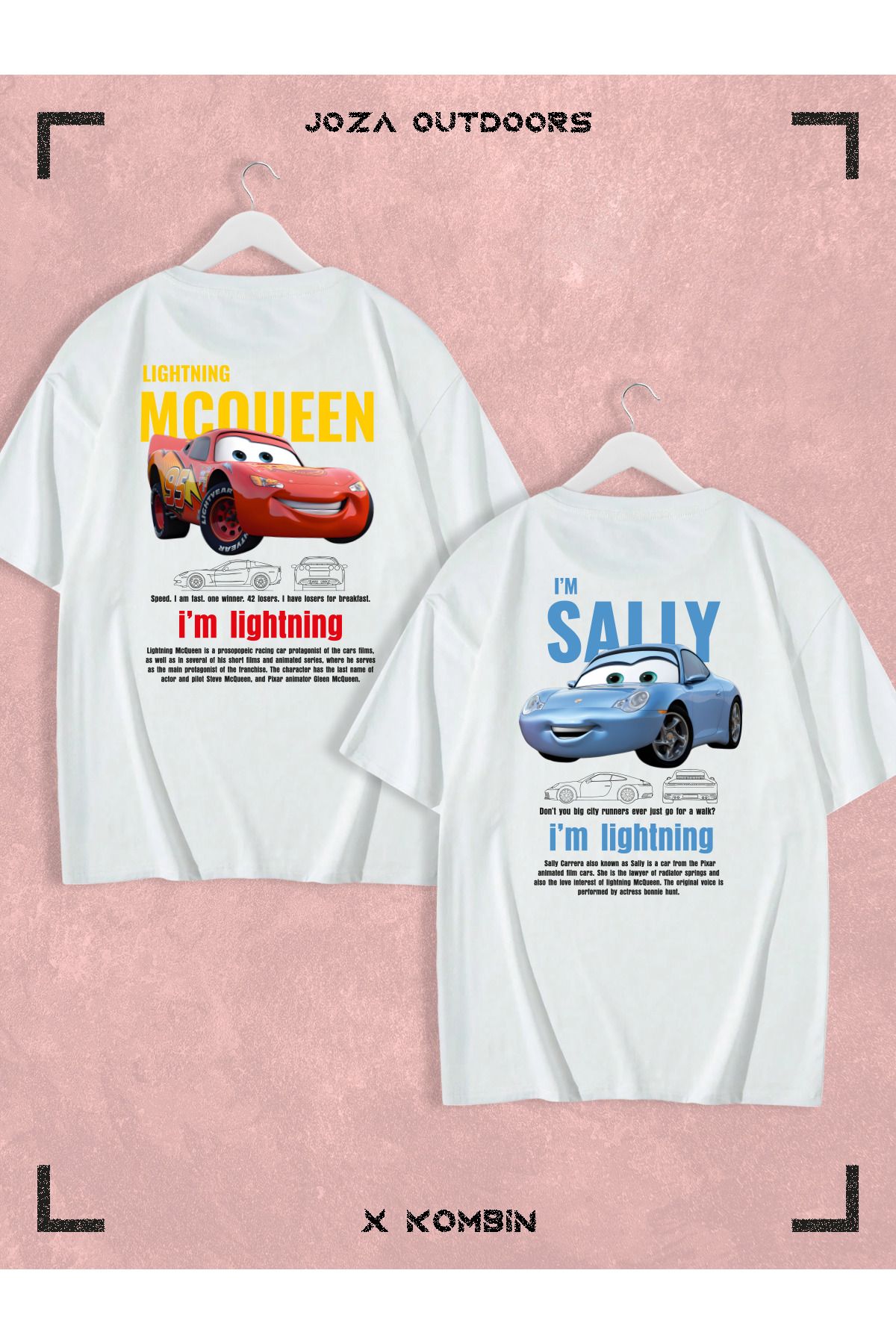 Jobia Outdoors Kadın Erkek Unisex Sally & Mcqueen Cars SIRT Sevgili Çift Kombini Oversize Renkli Tshirt 2'li Takım