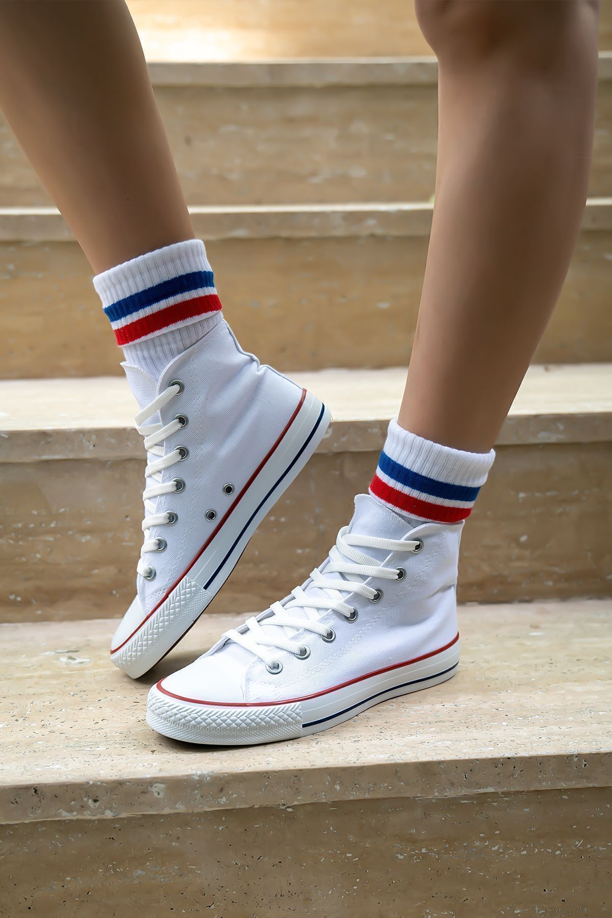 ADR Unisex Beyaz Boğazlı Model Keten Sneaker