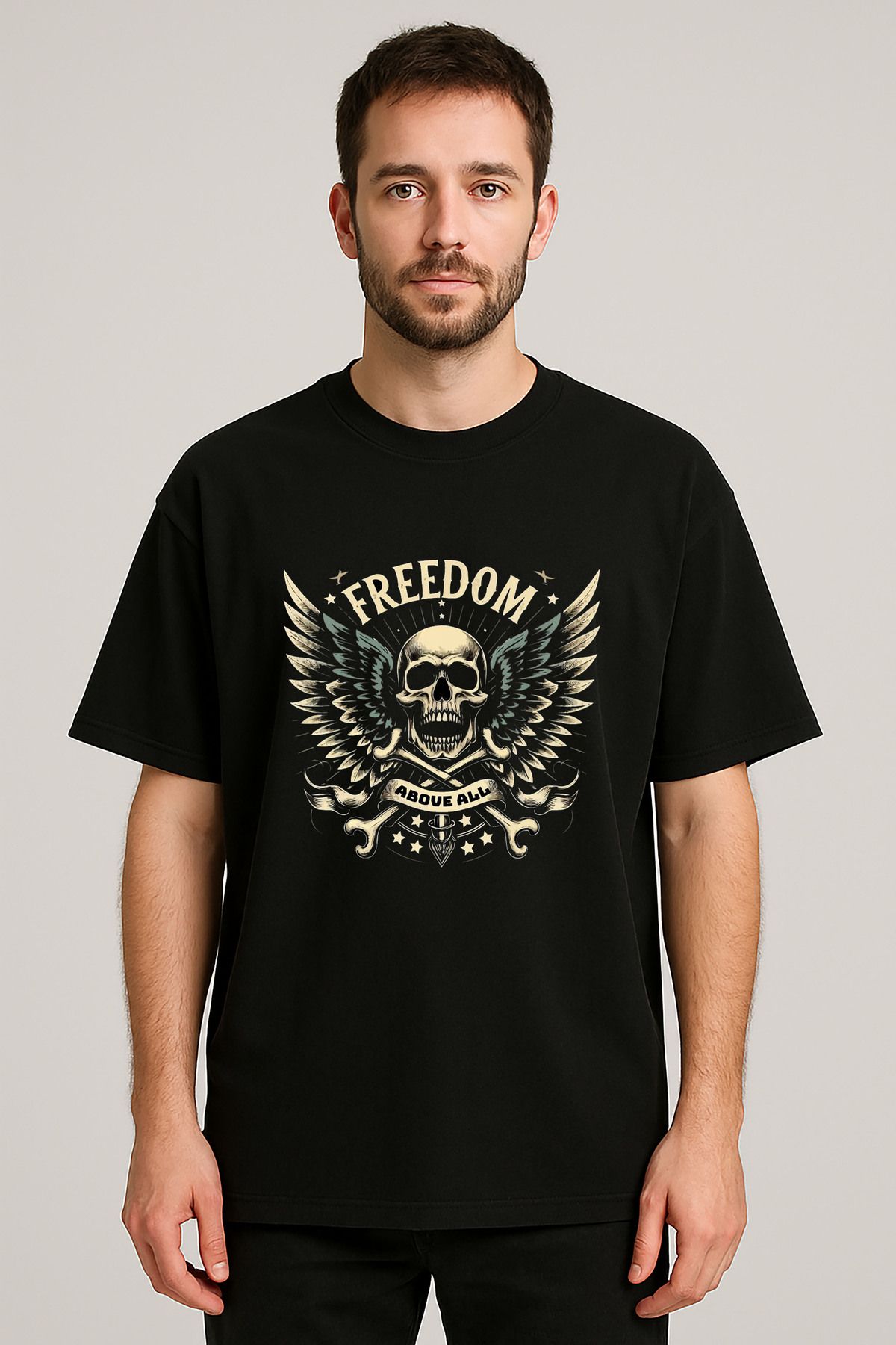 sielta Rock n Roll Baskılı Bisiklet Yaka Oversize Siyah Tişört T-shirt