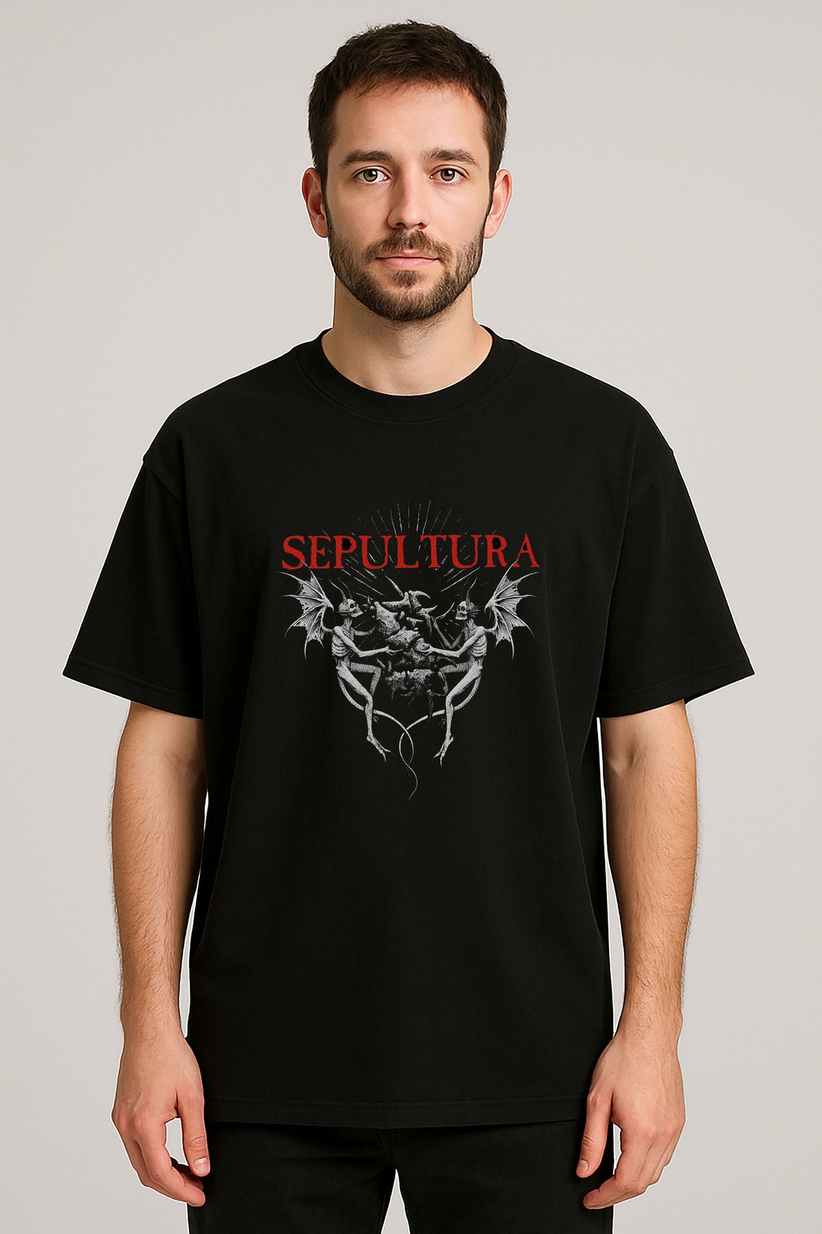 sielta Sepultura Müzik Grubu Baskılı Bisiklet Yaka Oversize Siyah Tişört T-shirt