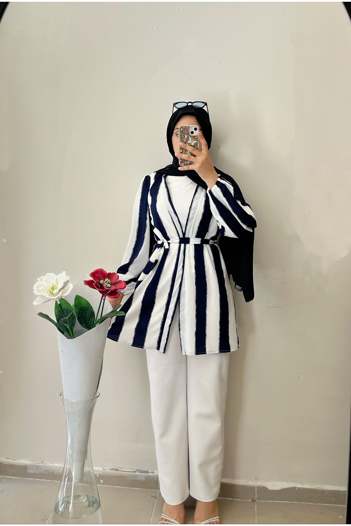 DİLEKBUTİK Lacivert beyaz çizgili yazlık kimono