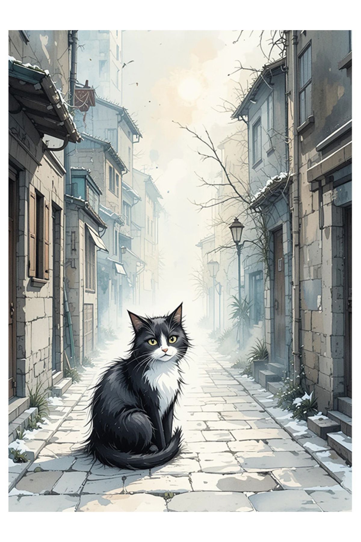 Bedeko Taş Sokak ve Kedi Mdf Tablo