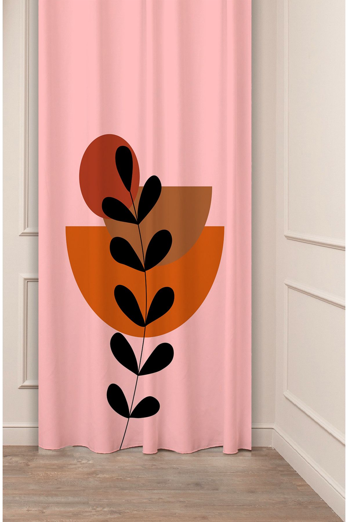 GREENDECOR Yaprak Grafik Bohem Minimalist Bej Krem Desenli Özel Tasarım Dijital Baskılı (Tek Kanat) Fon Perde