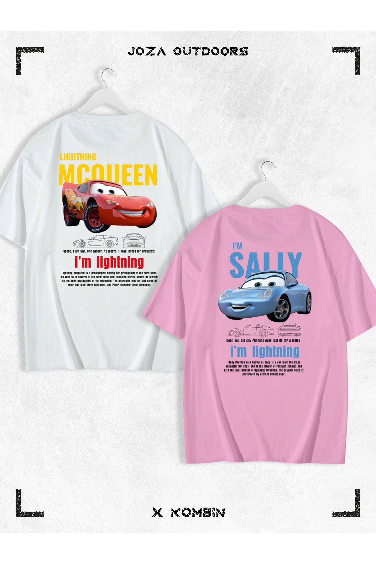 Jobia Outdoors Kadın Erkek Unisex Sally & Mcqueen Cars Sevgili Çift Kombini Oversize Renkli Tshirt 2'li Takım