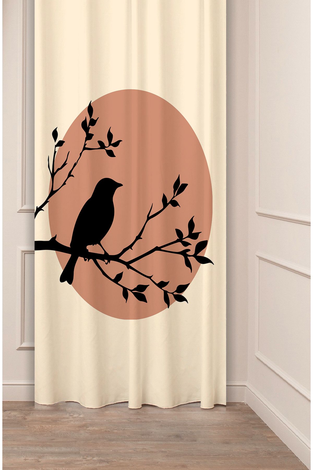 GREENDECOR Kuş Ağaç Yaprak Bohem Minimalist Bej Krem Desenli Özel Tasarım Dijital Baskılı (Tek Kanat) Fon Perde