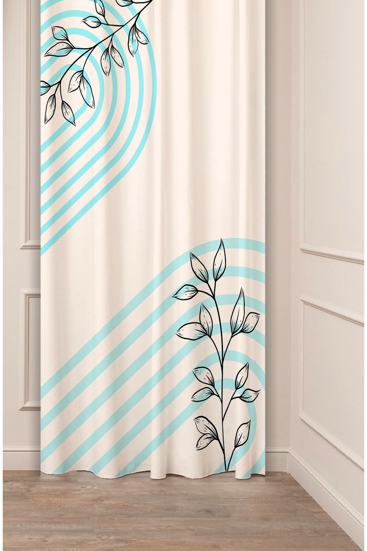 GREENDECOR Yaprak Grafik Bohem Minimalist Bej Krem Desenli Özel Tasarım Dijital Baskılı (Tek Kanat) Fon Perde