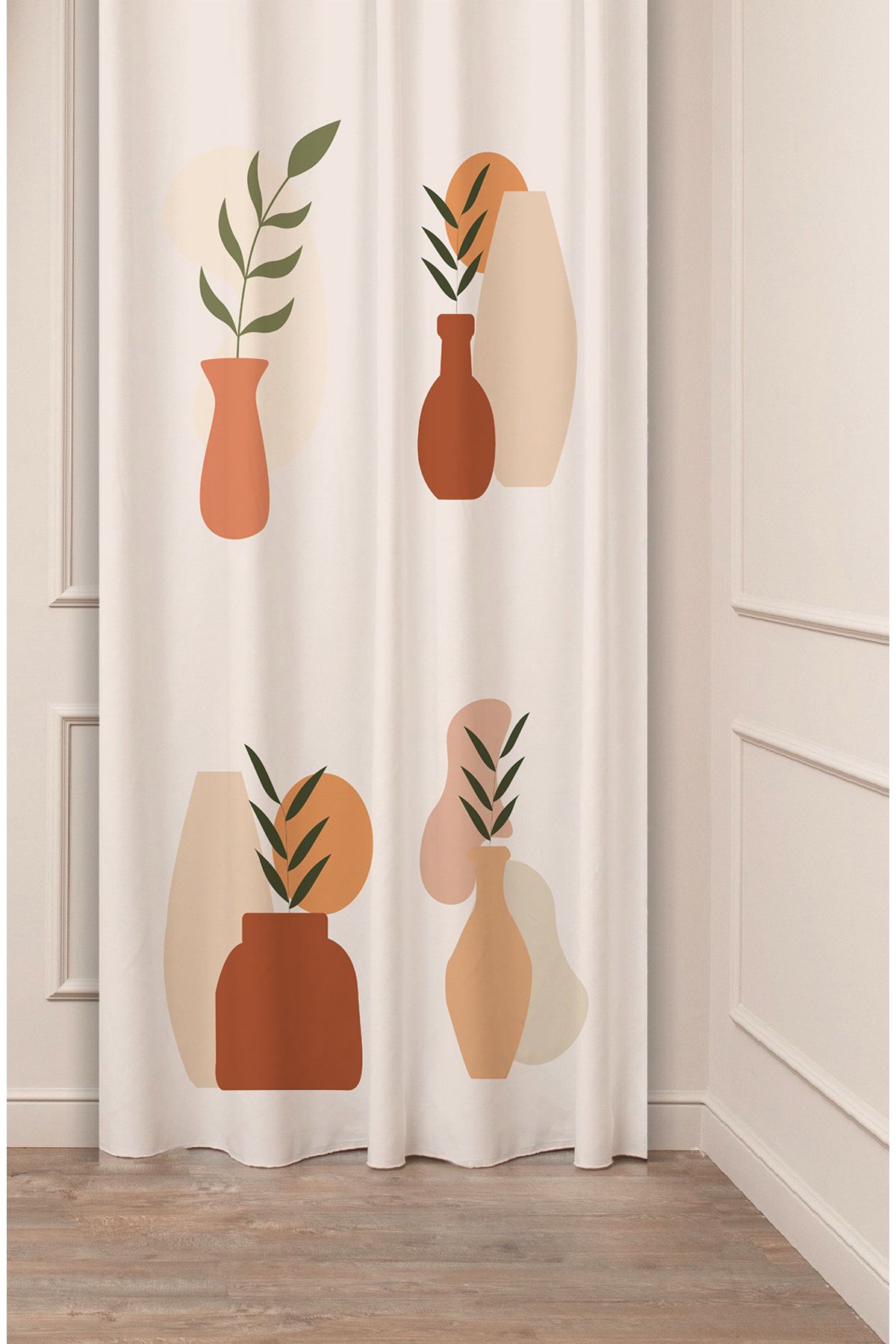 GREENDECOR Vazo Yaprak Bohem Minimalist Bej Krem Desenli Özel Tasarım Dijital Baskılı (Tek Kanat) Şık Fon Perde