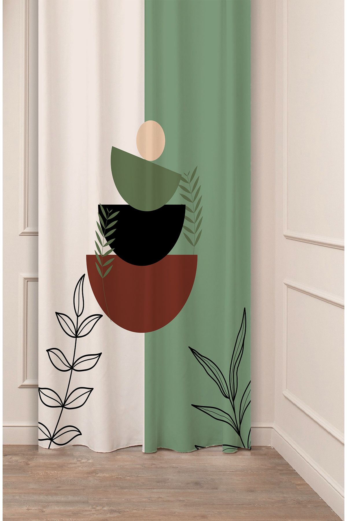 GREENDECOR Yaprak Grafik Bohem Minimalist Bej Krem Desenli Özel Tasarım Dijital Baskılı (Tek Kanat) Fon Perde