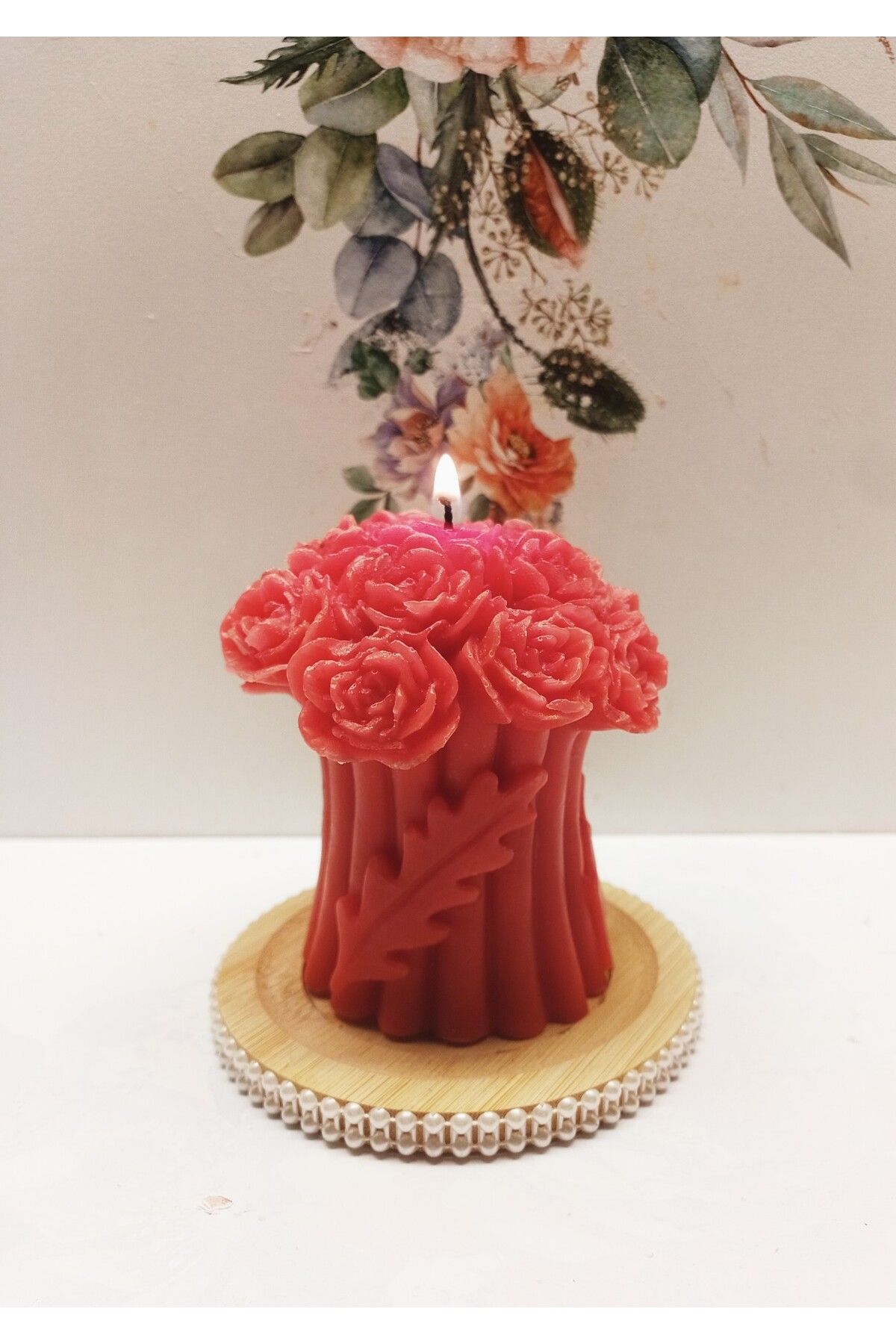 MADE SOYAWAX AROMA TERAPİ KOKULU ÇİÇEK DESENLİ MUM VE İNCİ DESENLİ AHŞAP MUM ALTLIĞI