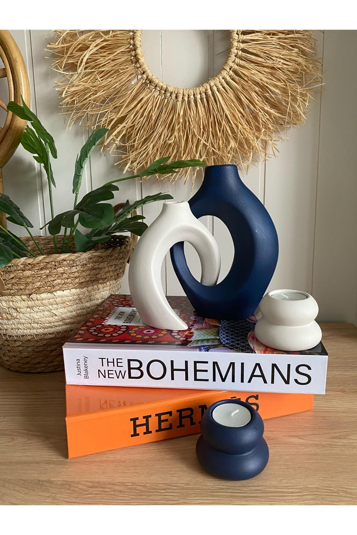 Porselian Bohem Sevgili, Sarmaşık Vazo & Mumluk Set