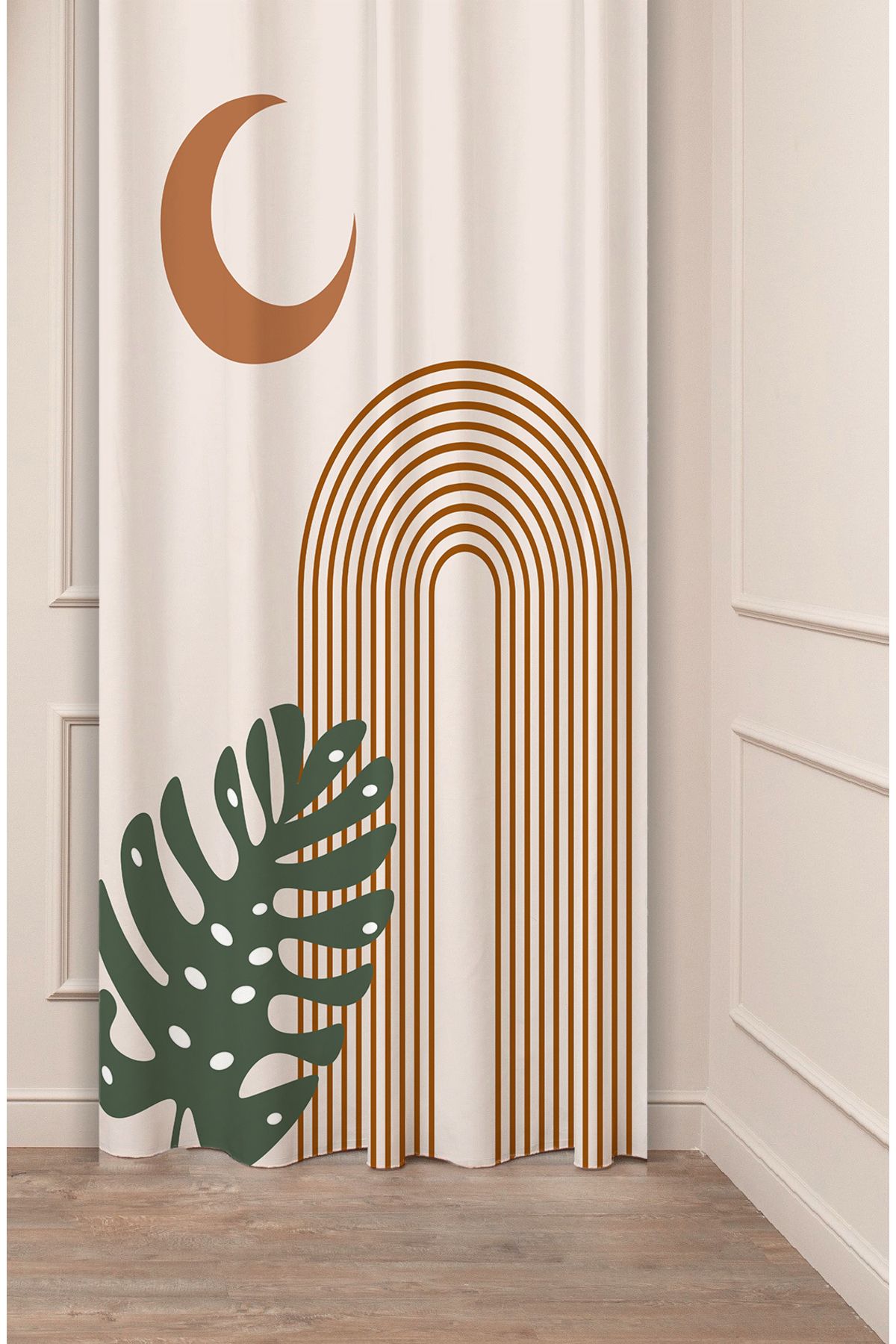 GREENDECOR Ay Yaprak Grafik Bohem Minimalist Bej Krem Desenli Özel Tasarım Dijital Baskılı (Tek Kanat)Fon Perde
