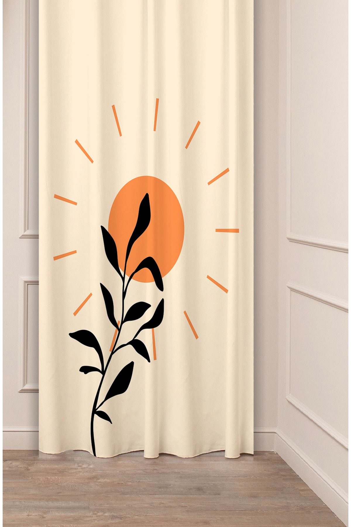 GREENDECOR Yaprak Güneş Bohem Minimalist Bej Krem Desenli Özel Tasarım Dijital Baskılı (Tek Kanat) Fon Perde