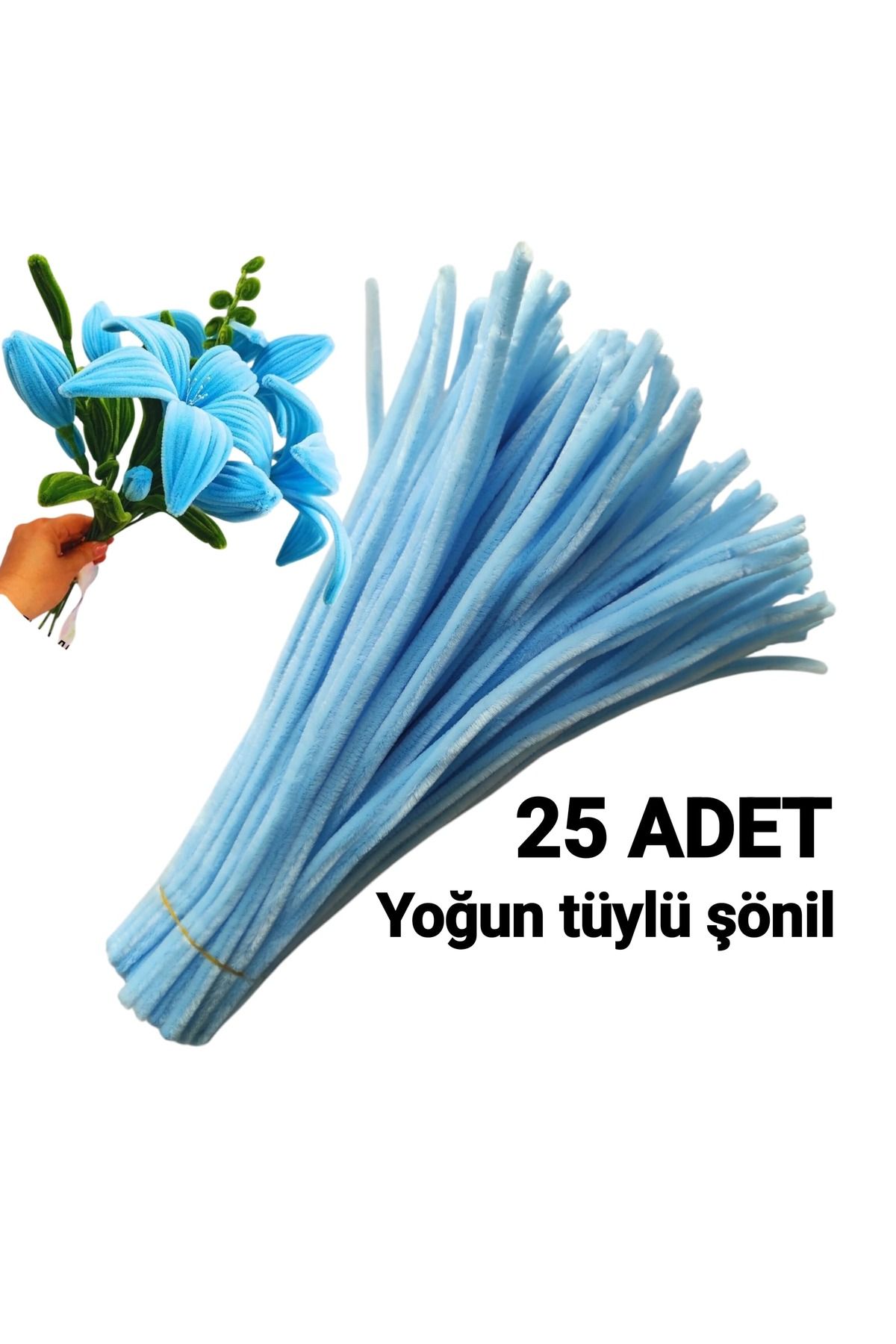 Butik 25'li Bebek Mavi Renkli Şönil, Eğitici Şönil Seti, Tüylü Tel, 30 Cm 6mmv
